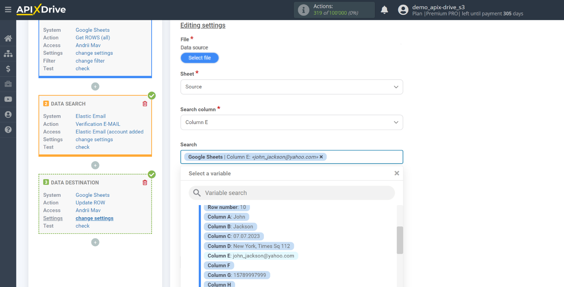 Setting Search to Verification E-MAIL Elastic Email in Google Sheets | Assigning fields