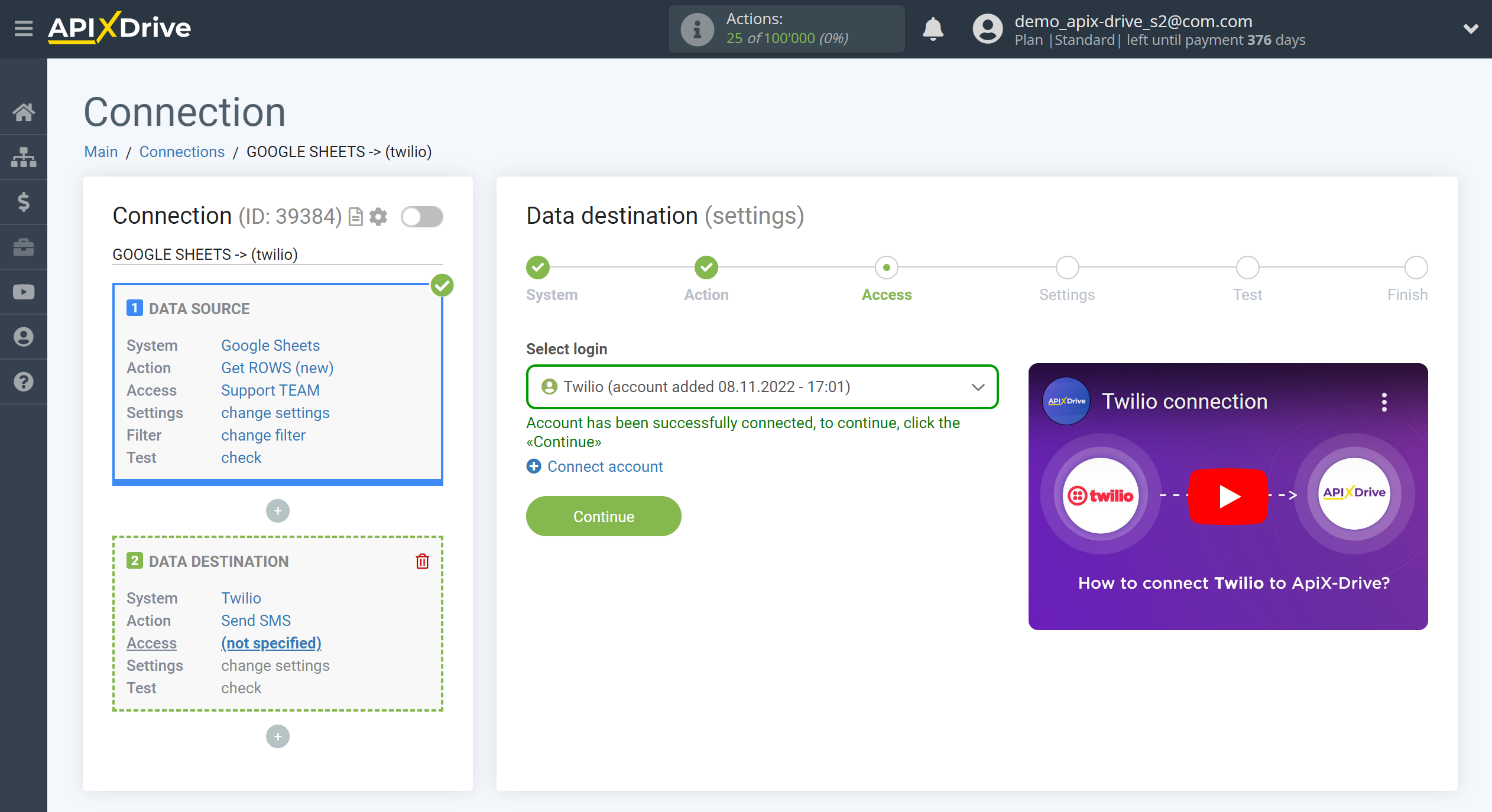 How to Connect Twilio as Data Destination | Account selection