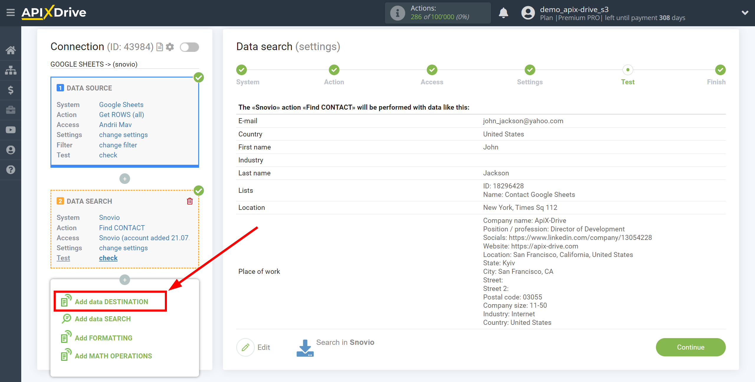 Setting up Snovio Contact Search in Google Sheets | Setup Data Destination system