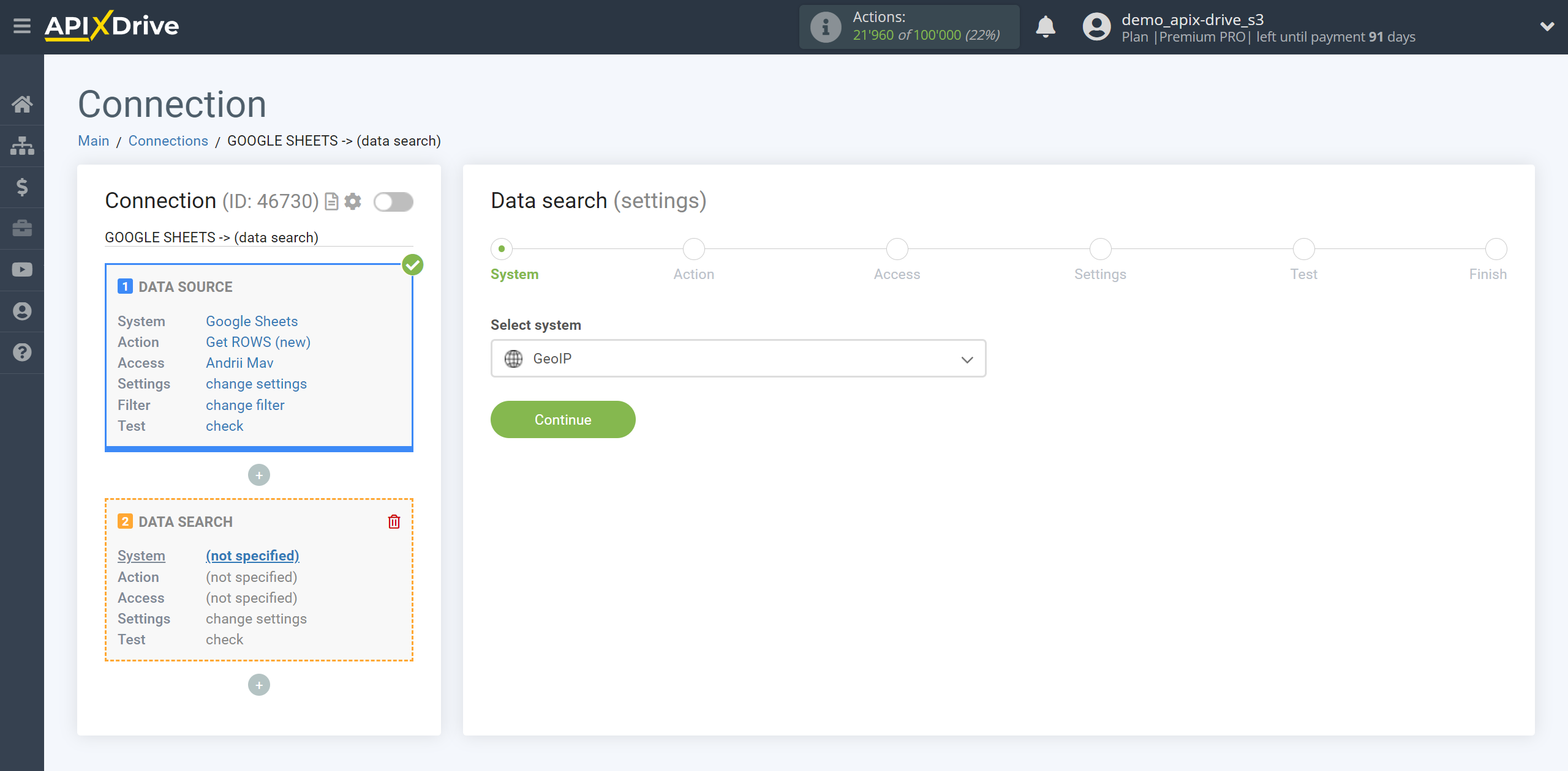 Setting up GeoIP Data Search in Google Sheets | System selection