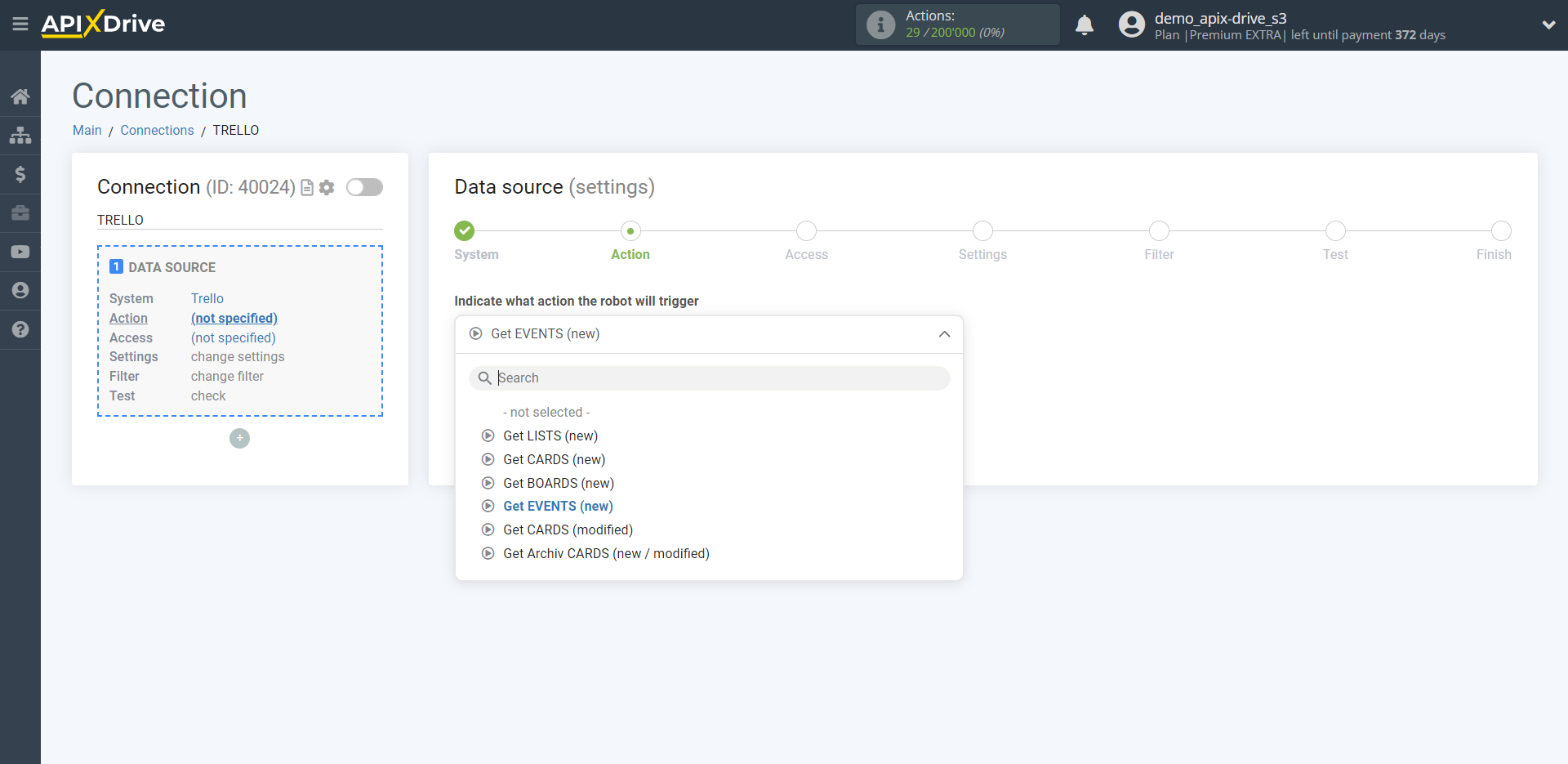 How to Connect Trello as Data Source | Action selection