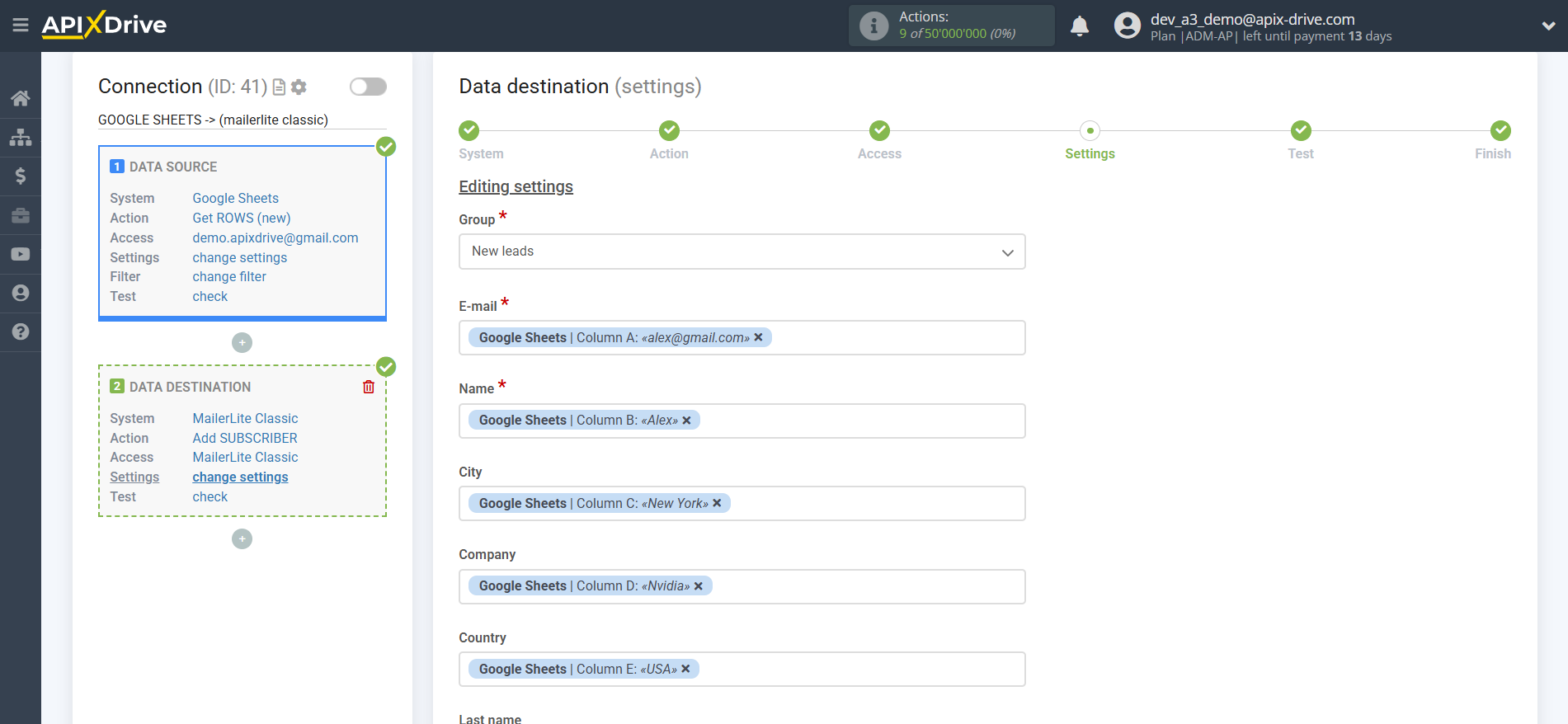 How to Connect MailerLite Classic as Data Destination | Assigning fields