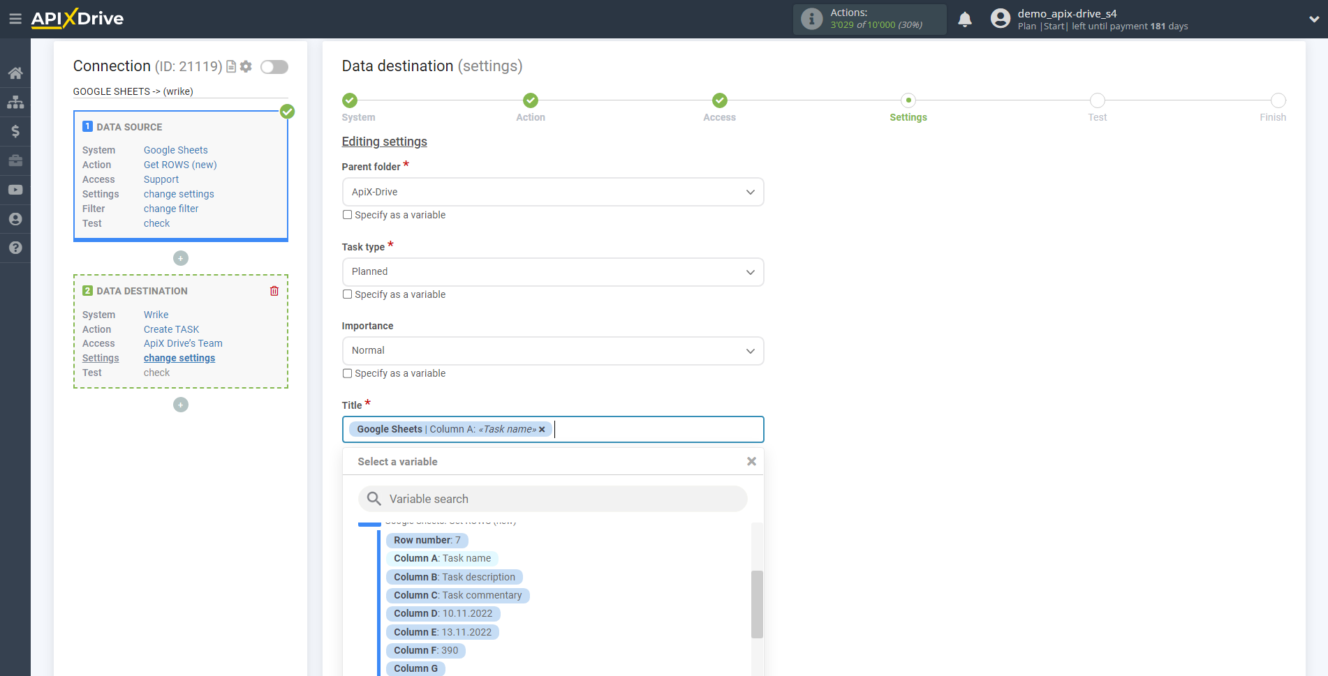 How to Connect Wrike as Data Destination | Assigning fields