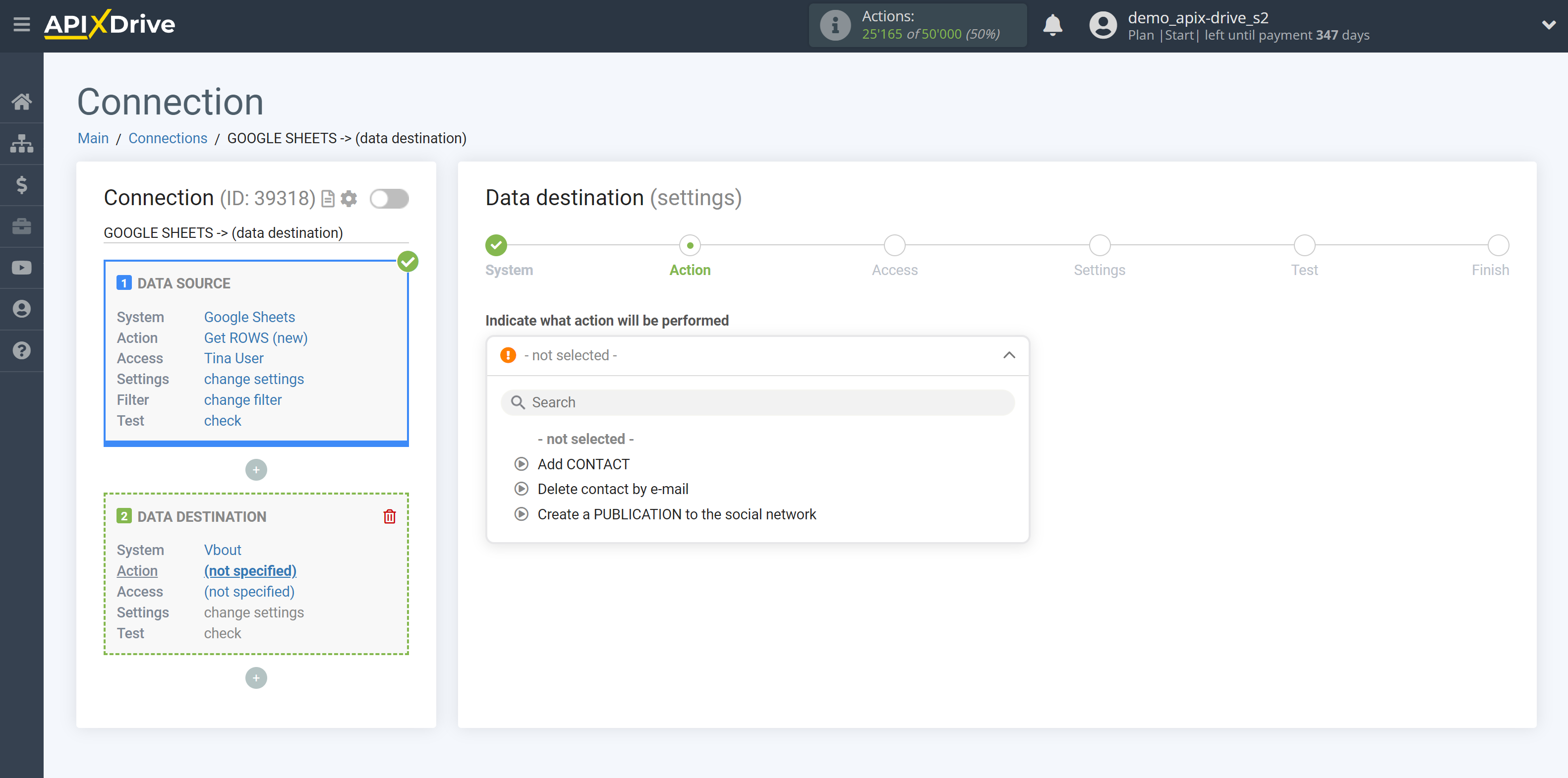 How to Connect Vbout as Data Destination | Action selection