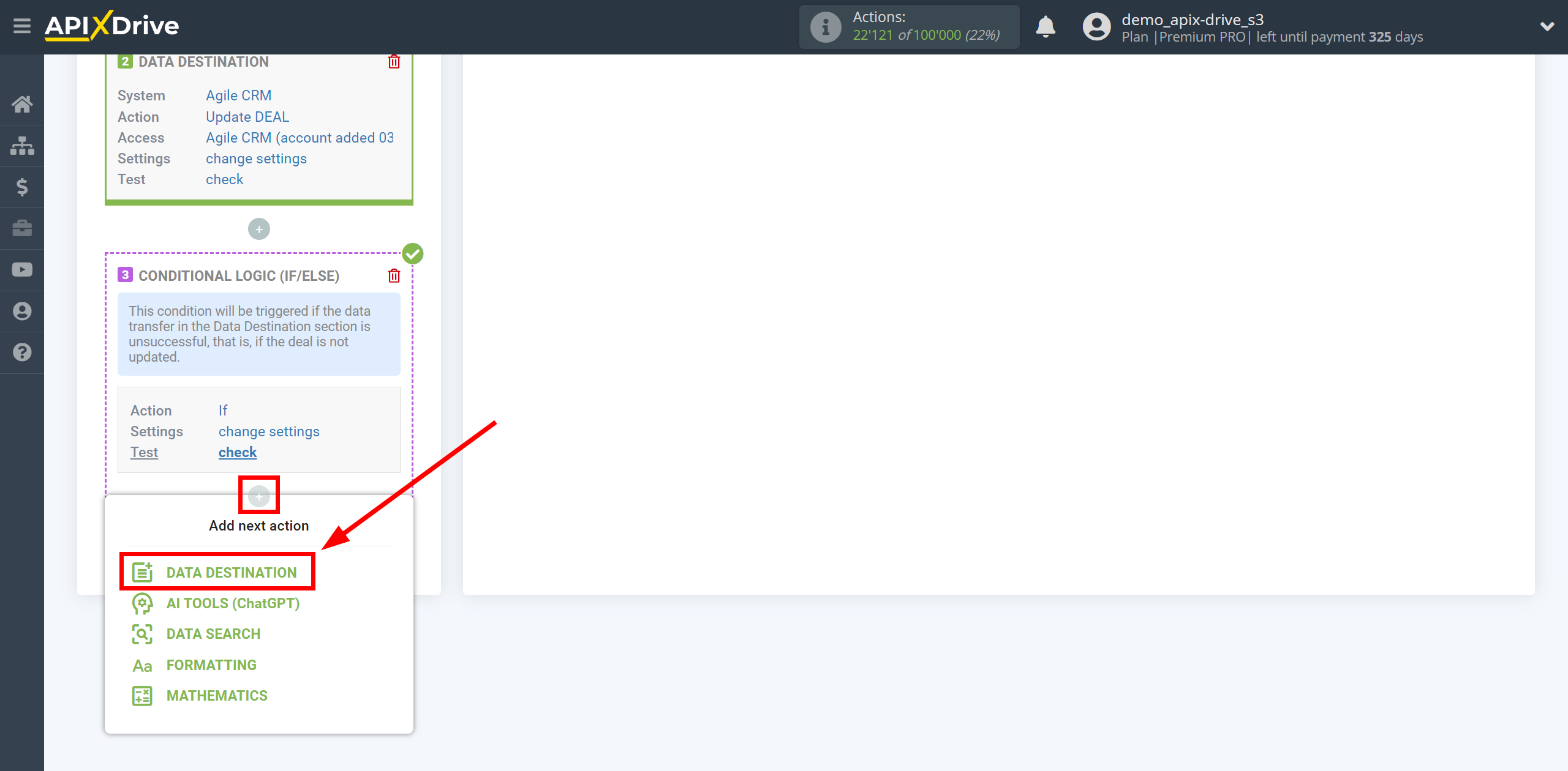 How to setup AgileCRM Update Deal / Create Deal | Start setting up Data Destination inside the Logic section