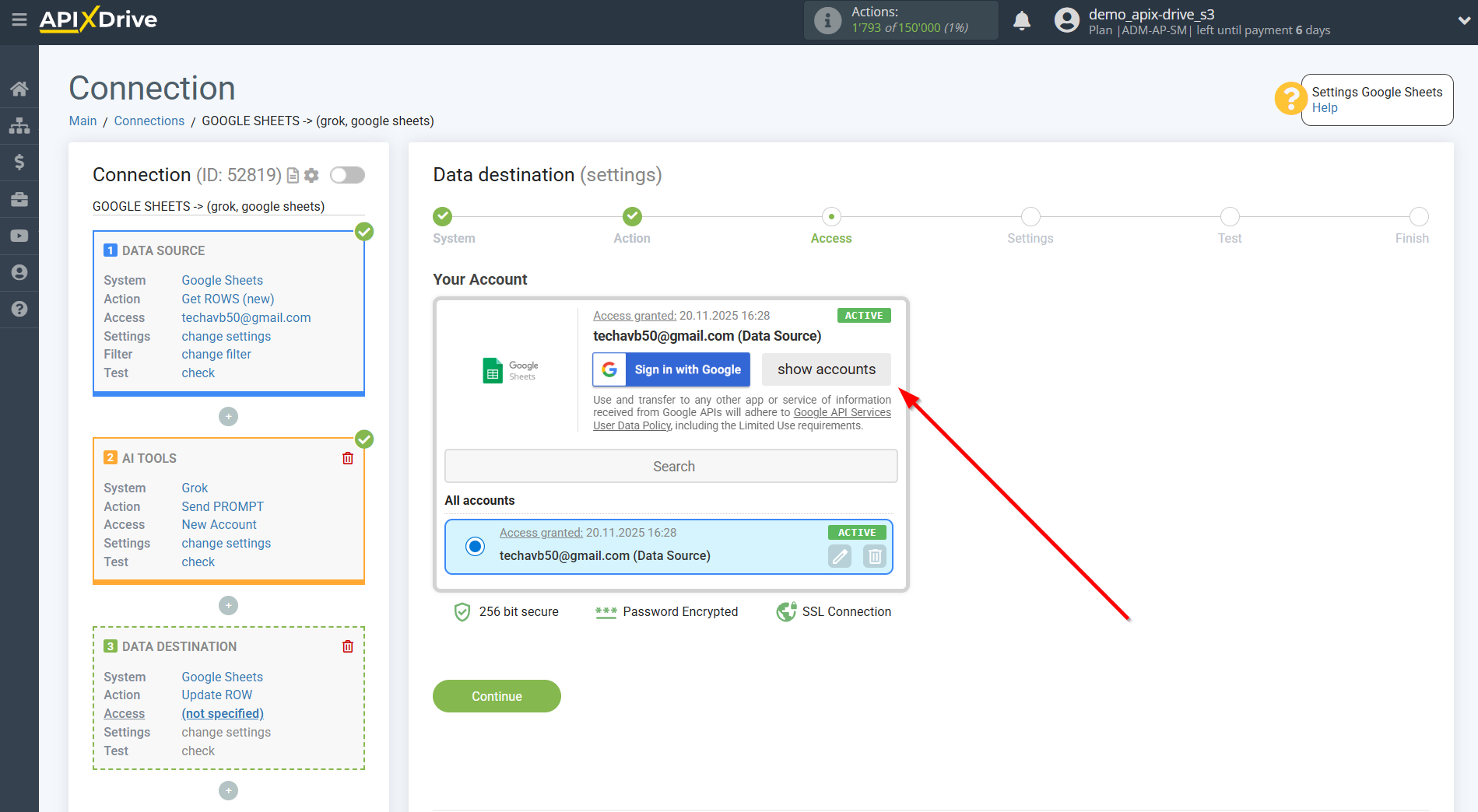 Setting up Grok in Google Sheets | Account selection