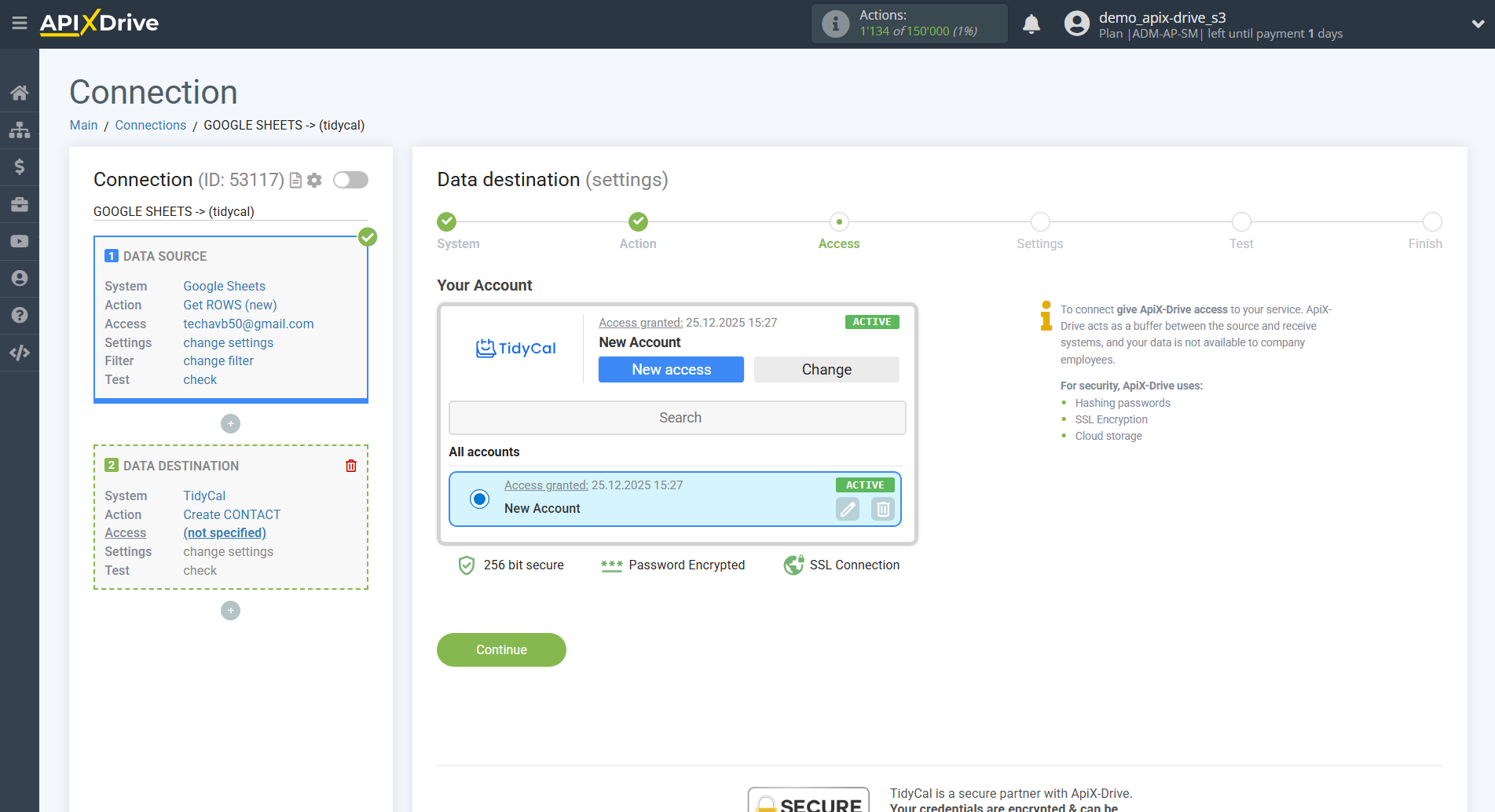 How to Connect Tidycal as Data Destination | Account selection
