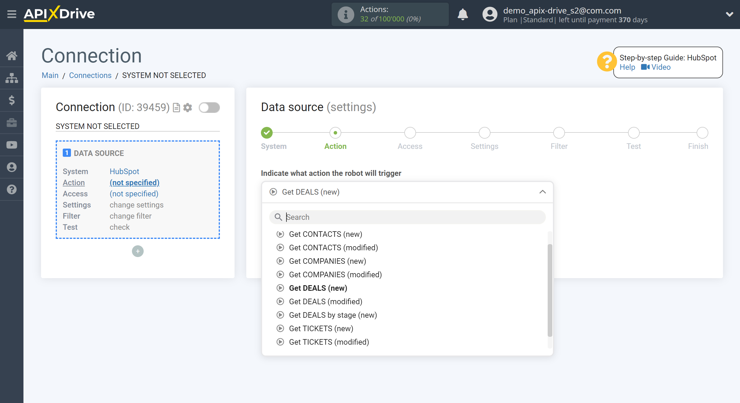 How to Connect HubSpot as Data Source | Action selection