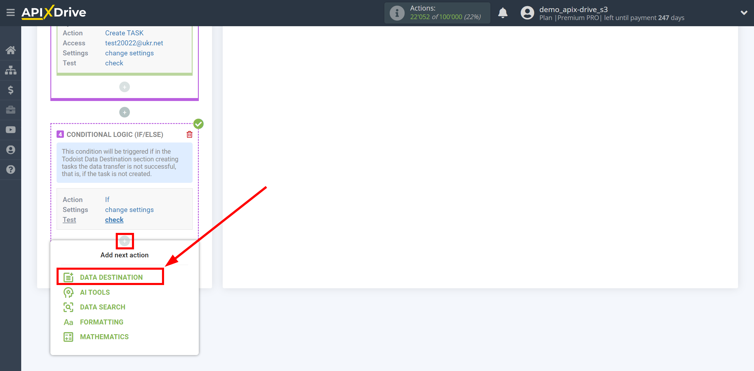 How to setup Todoist Update Task / Create Task | Start setting up Slack Data Destination inside the Logic section