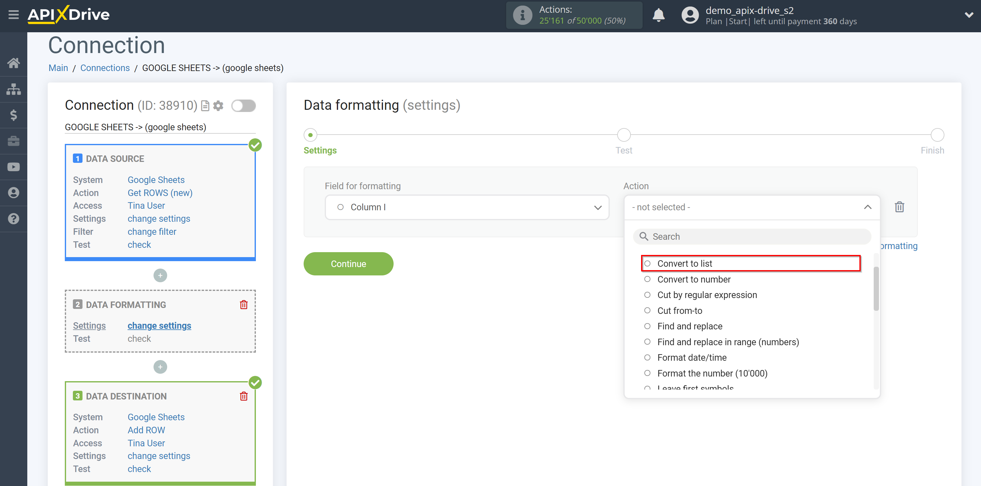 How to setup Data Formatting | Selecting the function&nbsp;Convert to list