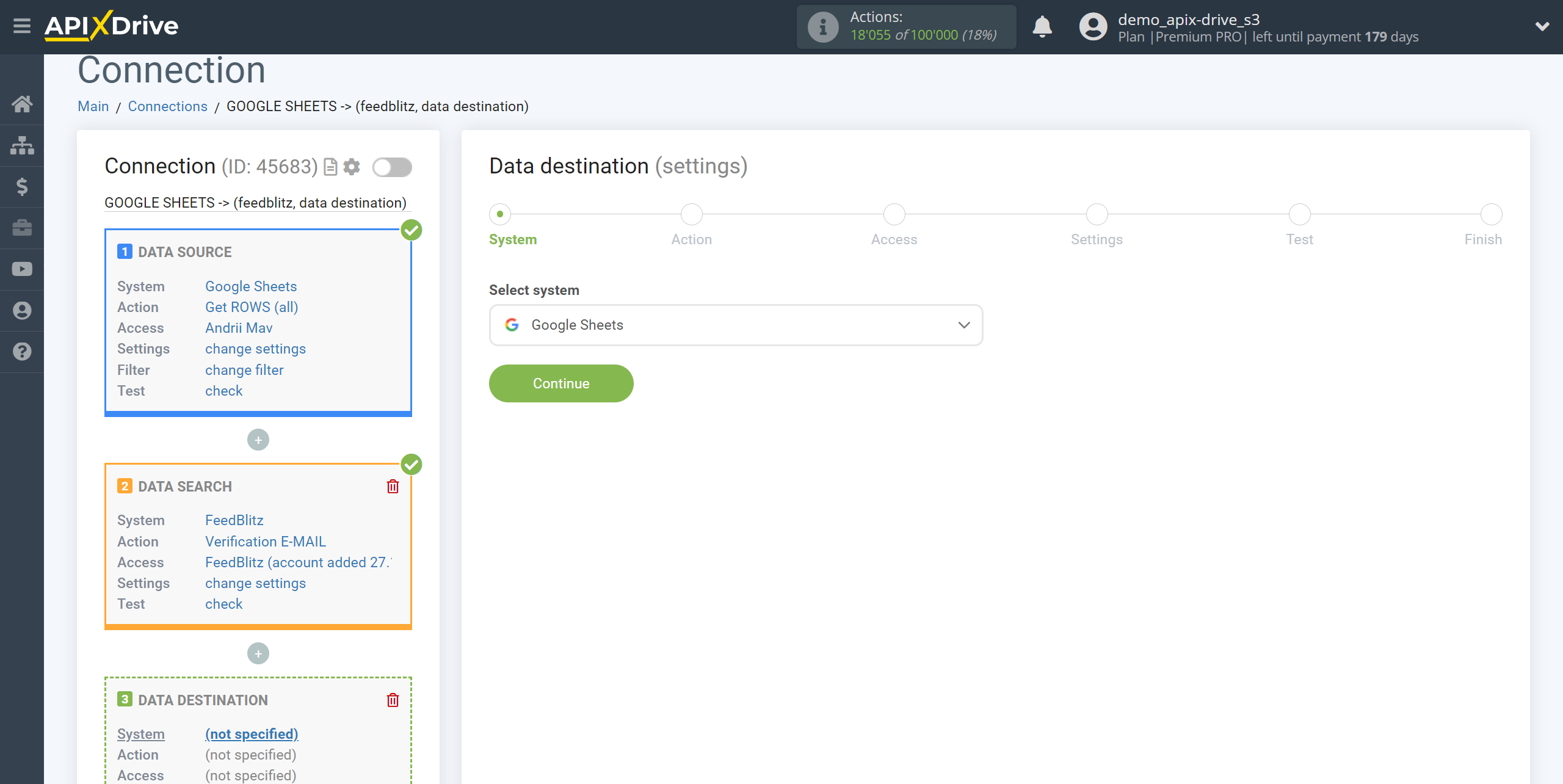 Setting Search to Verification E-MAIL FeedBlitz in Google Sheets | System selection