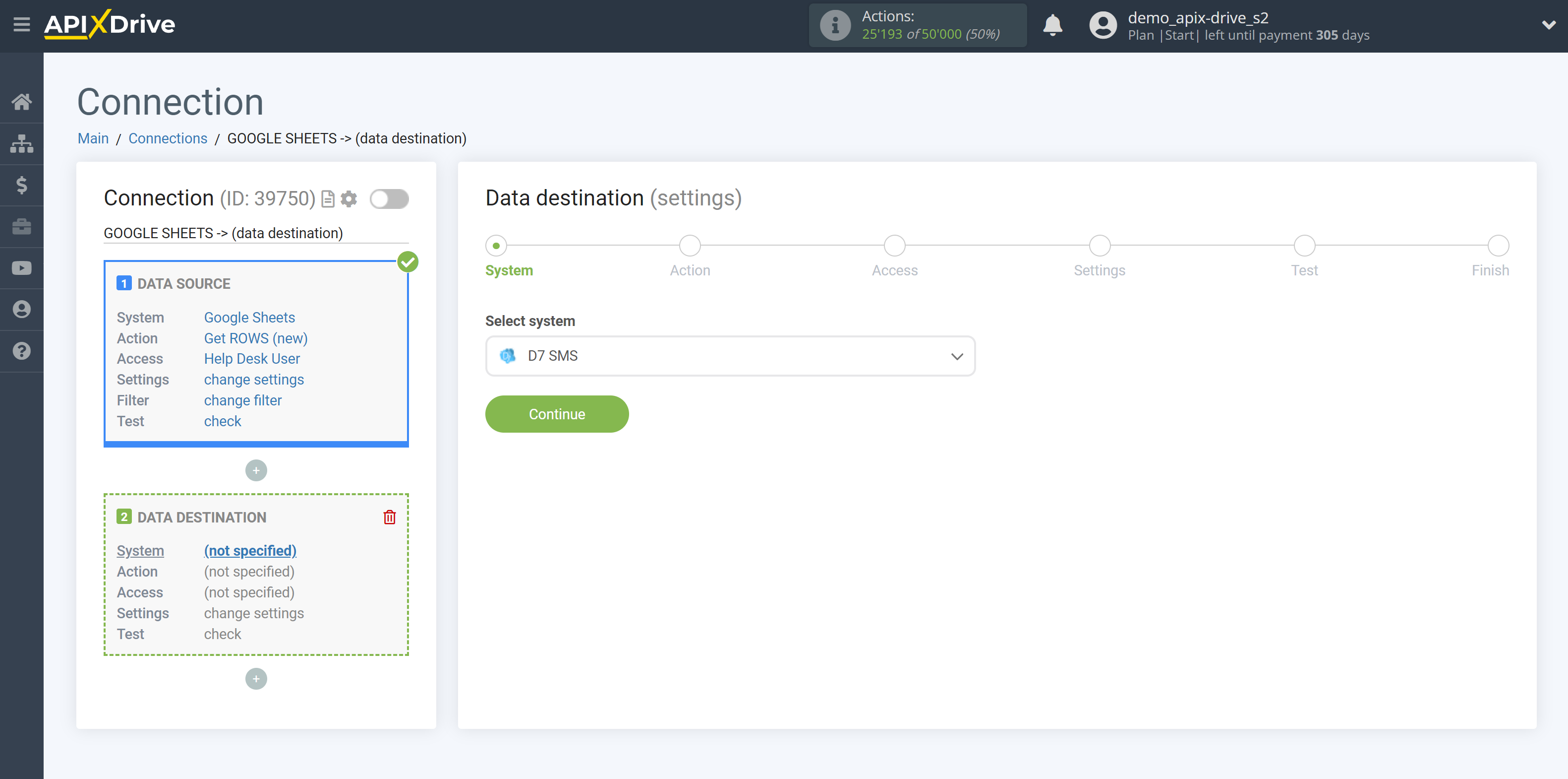 How to Connect D7 SMS as Data Destination | System selection