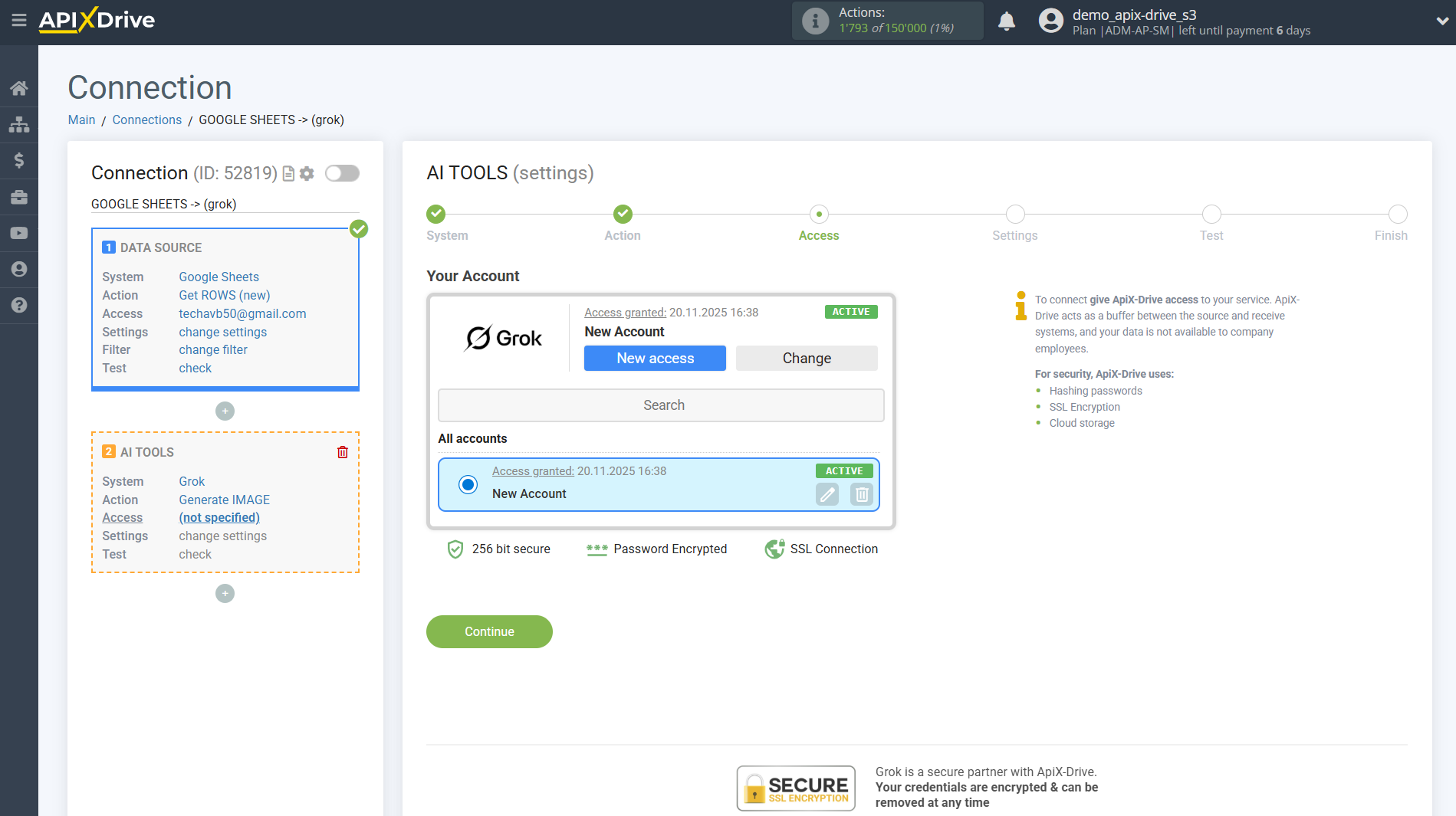 Setting up Grok in Google Sheets | Account selection