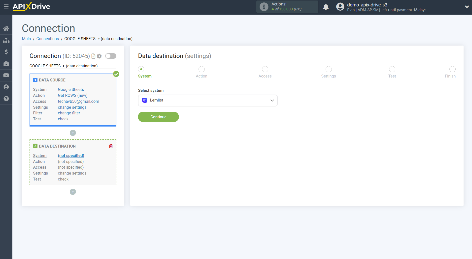 How to setup Lemlist Update Lead in campaign / Add Lead in campaign| System selection a Data Destination