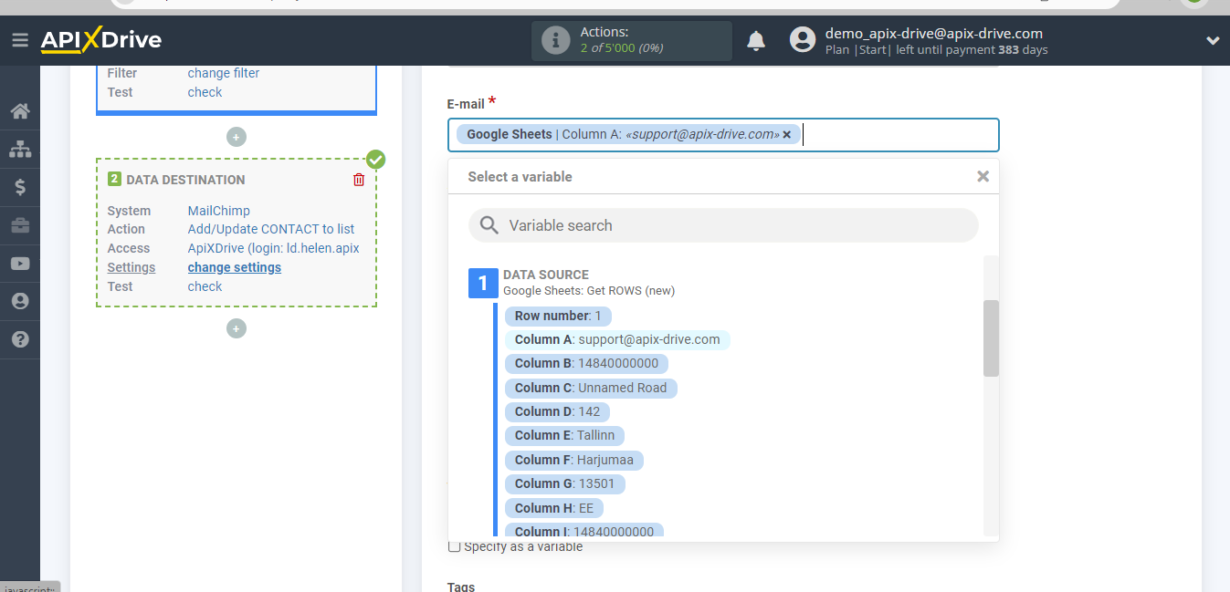 How to Connect MailChimp as Data Destination | Assigning fields