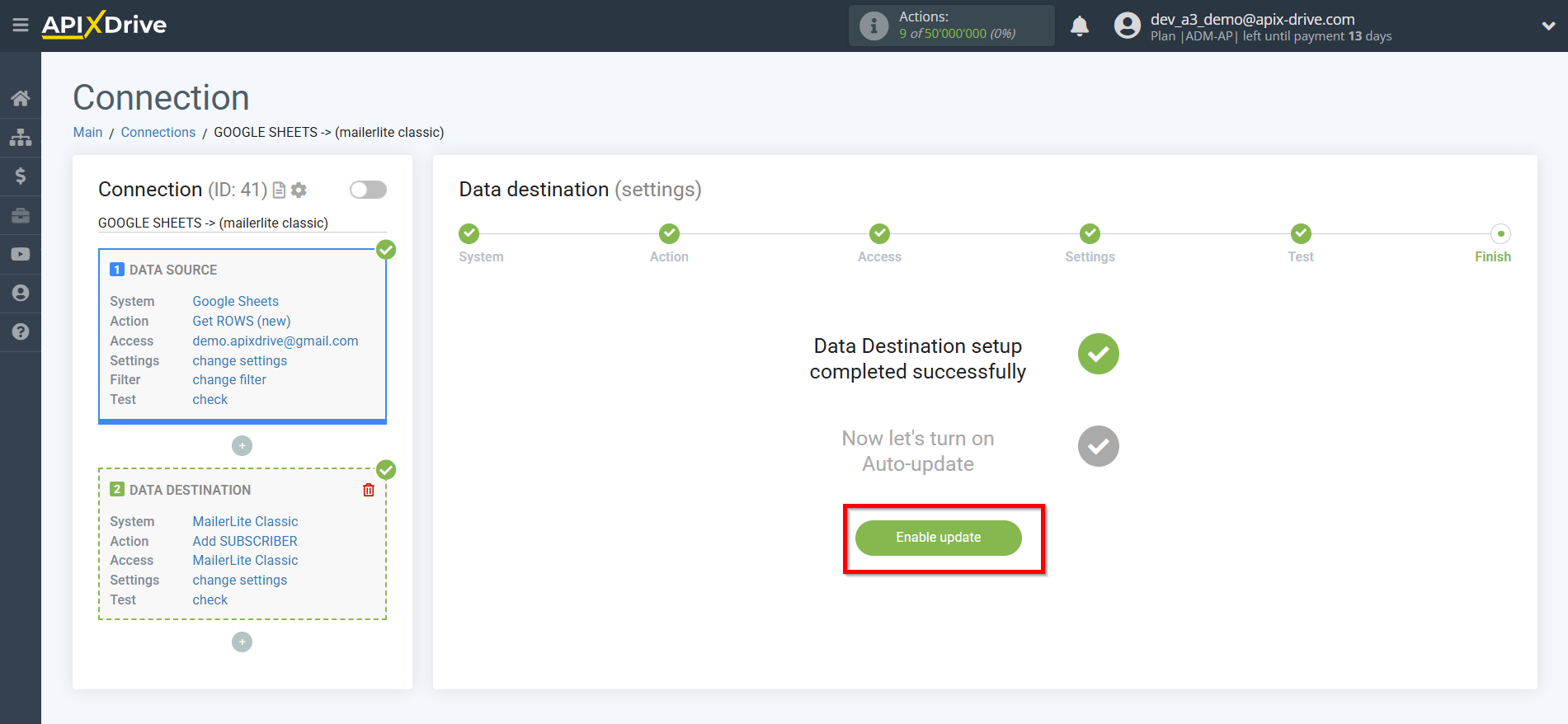How to Connect MailerLite Classic as Data Destination | Enable auto-update