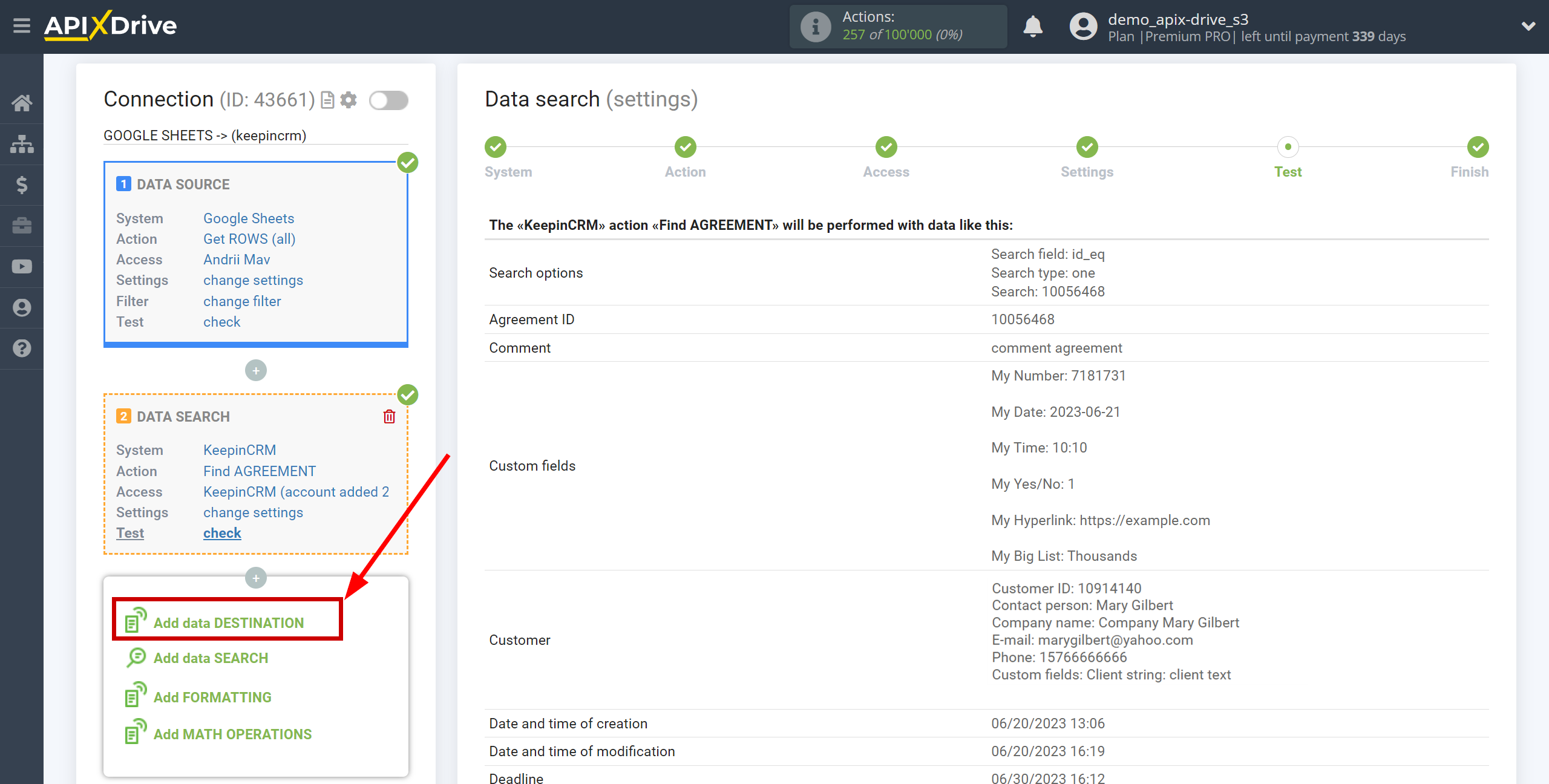 Setting up KeepinCRM Agreement Search in Google Sheets | Setup Data Destination system