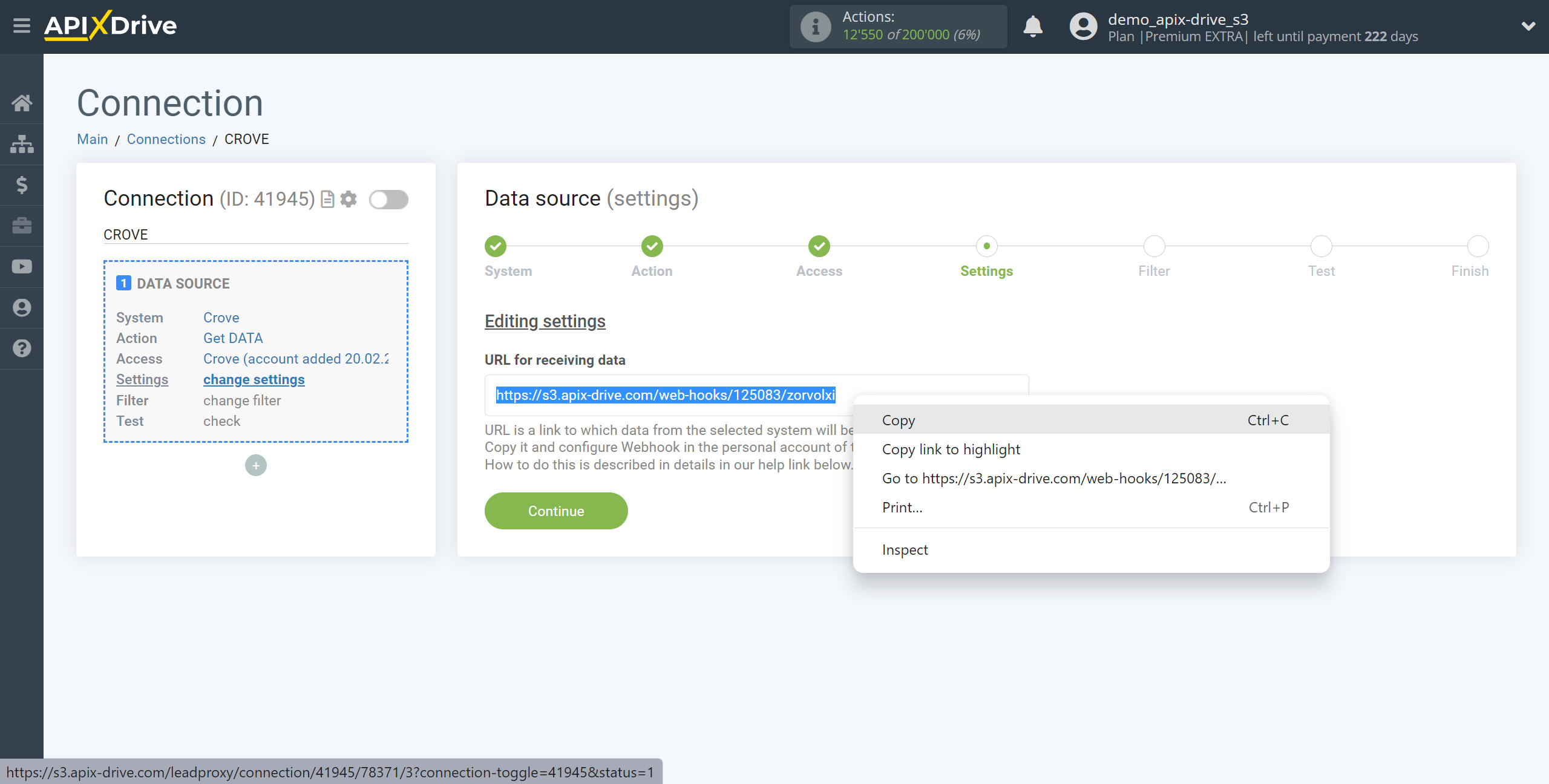 How to Connect Crove as Data Source | URL for receiving data