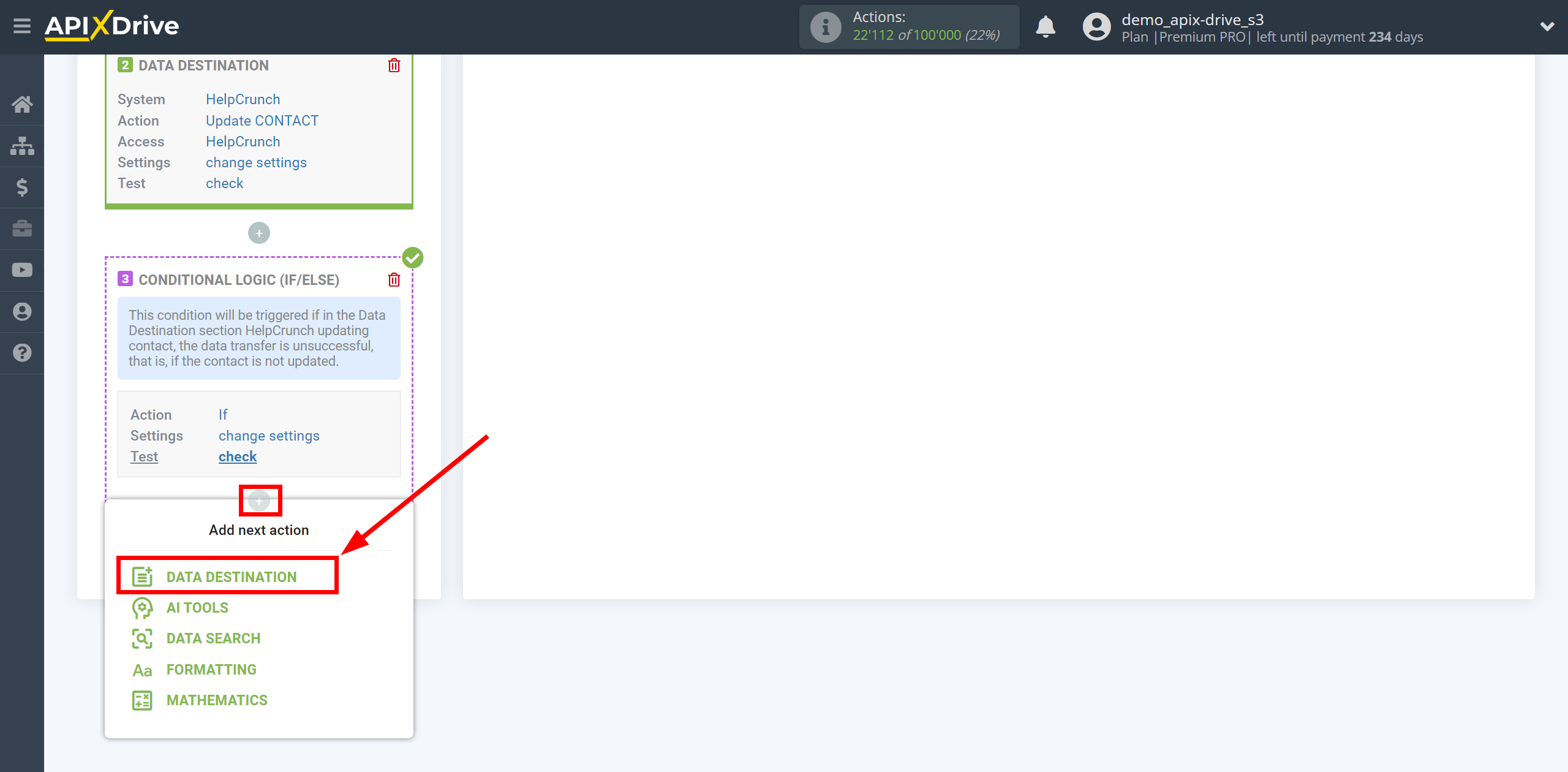 How to setup HelpCrunch Update Contact / Create Contact | Start setting up Data Destination inside the Logic section