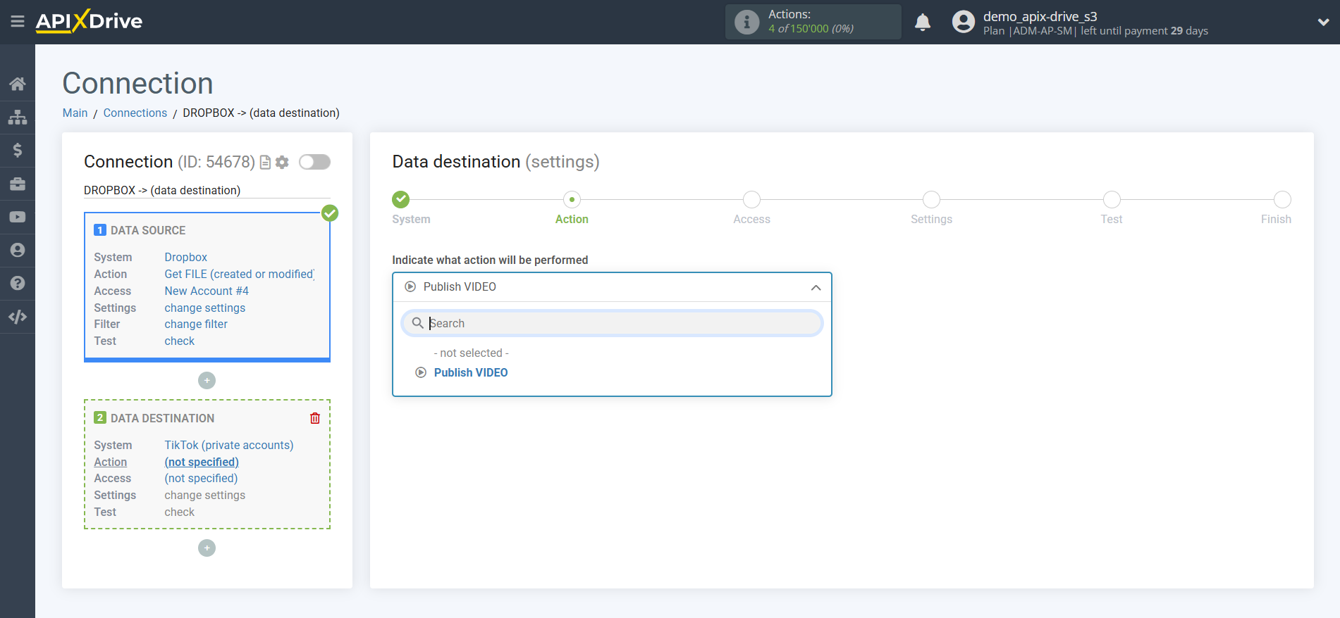 How to Connect TikTok as Data Destination | Action selection