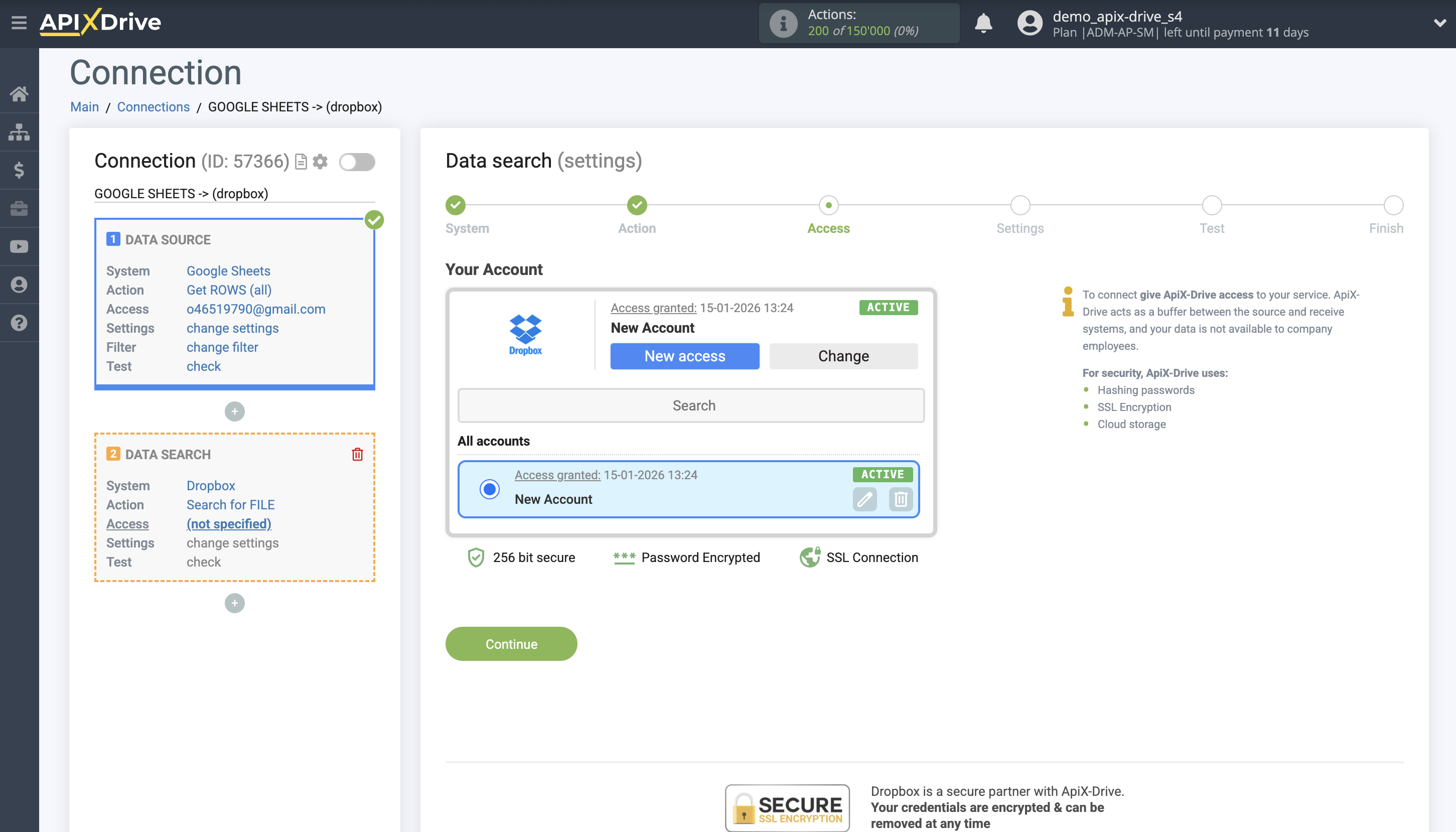 Setting up Dropbox Contact Search in Google Sheets | Selecting a Search account