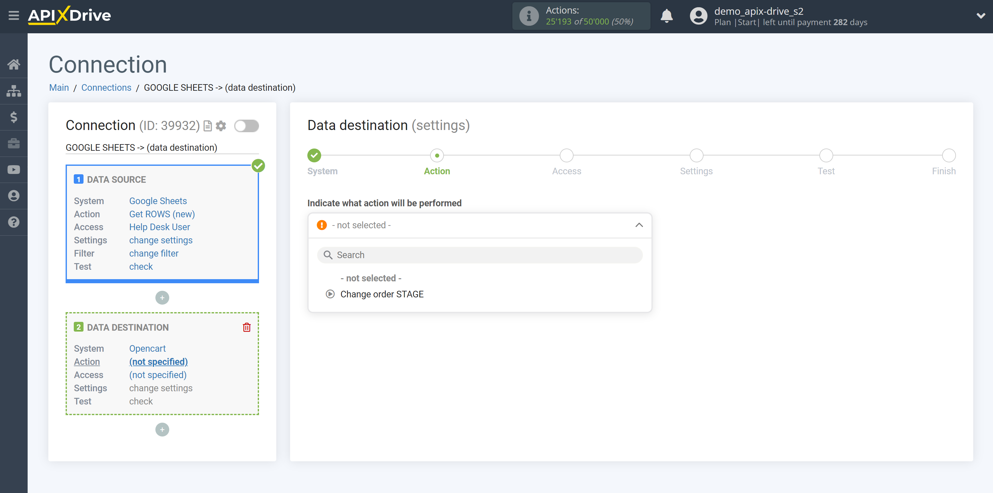 How to Connect Opencart as Data Destination | Action selection