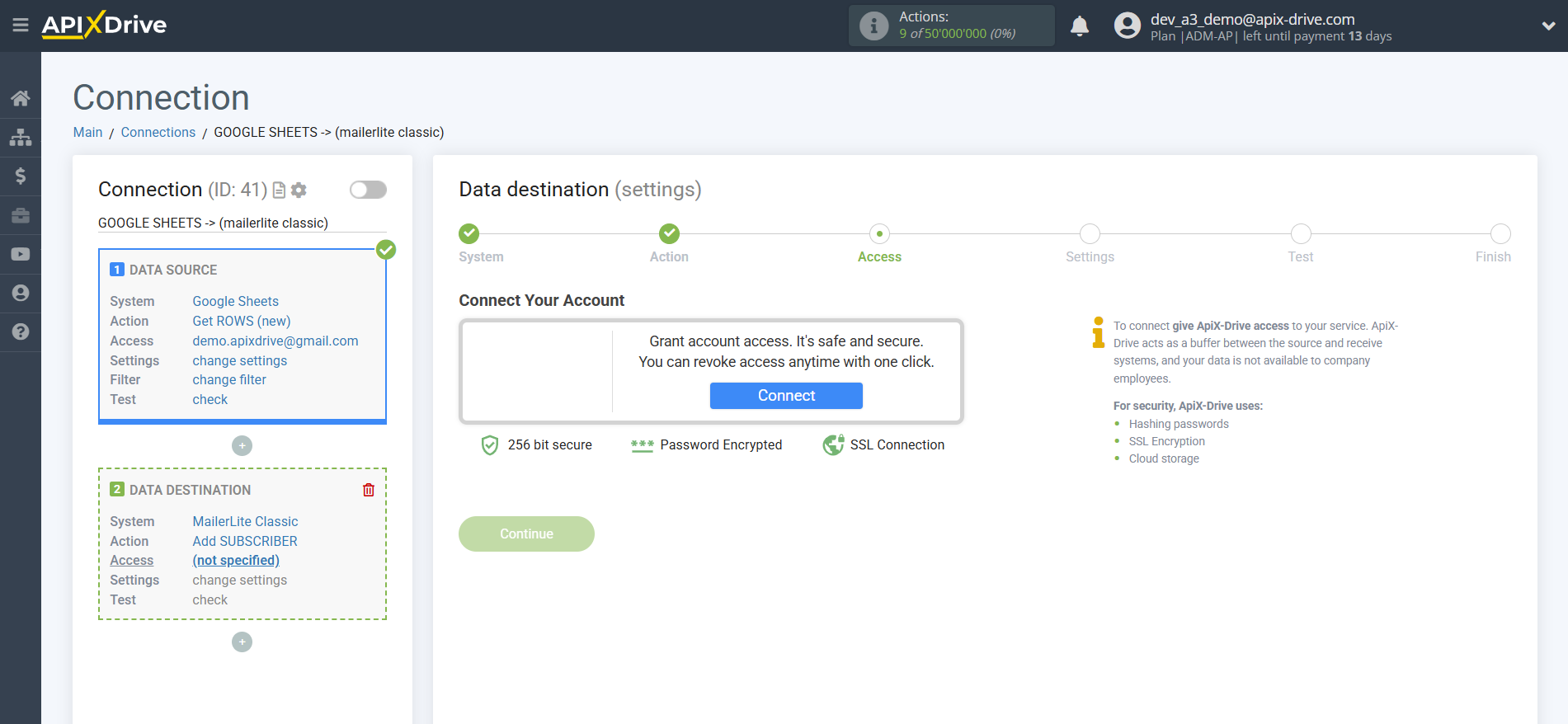 How to Connect MailerLite Classic as Data Destination | Account connection