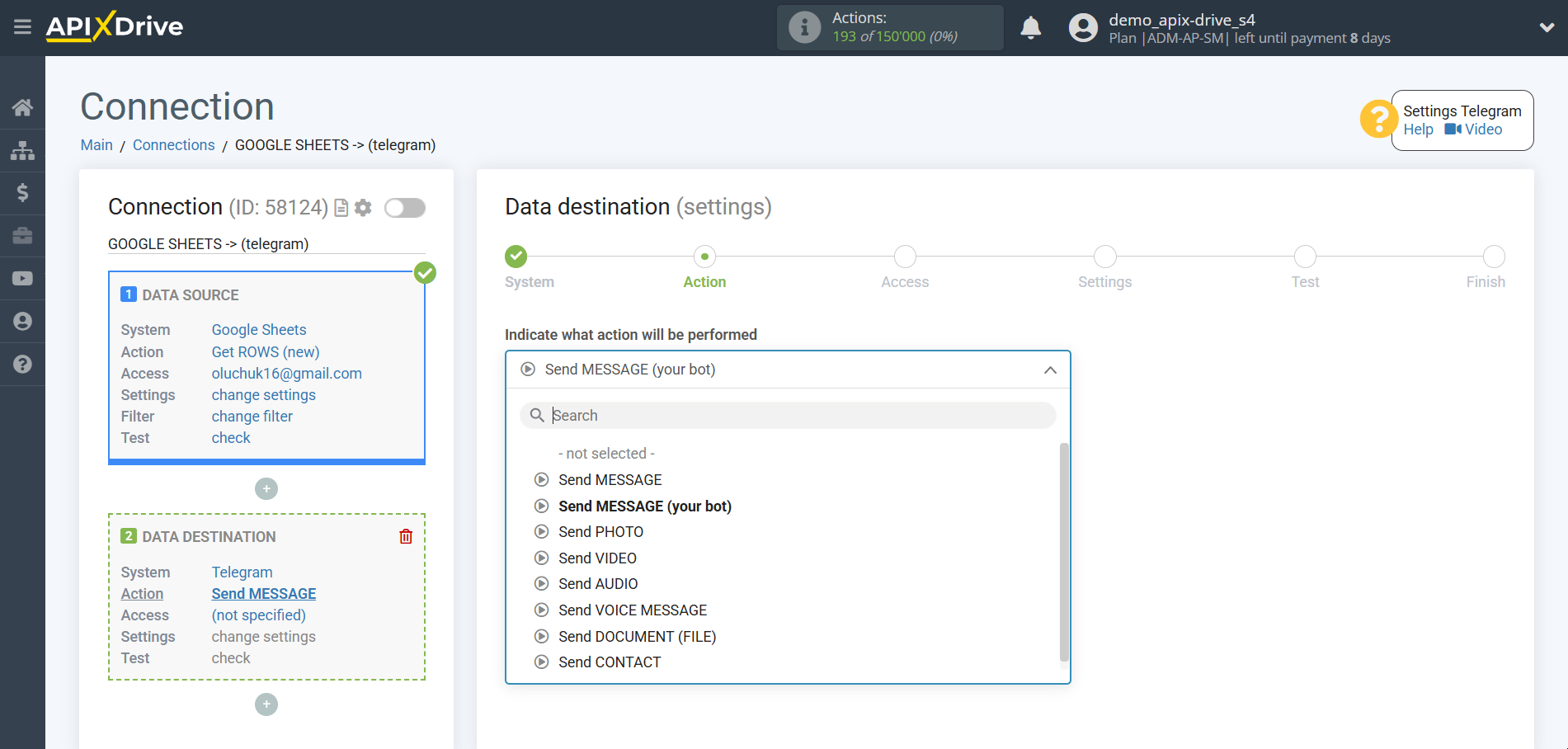 How to Connect Telegram as Data Destination | Selecting an action in the data destination system