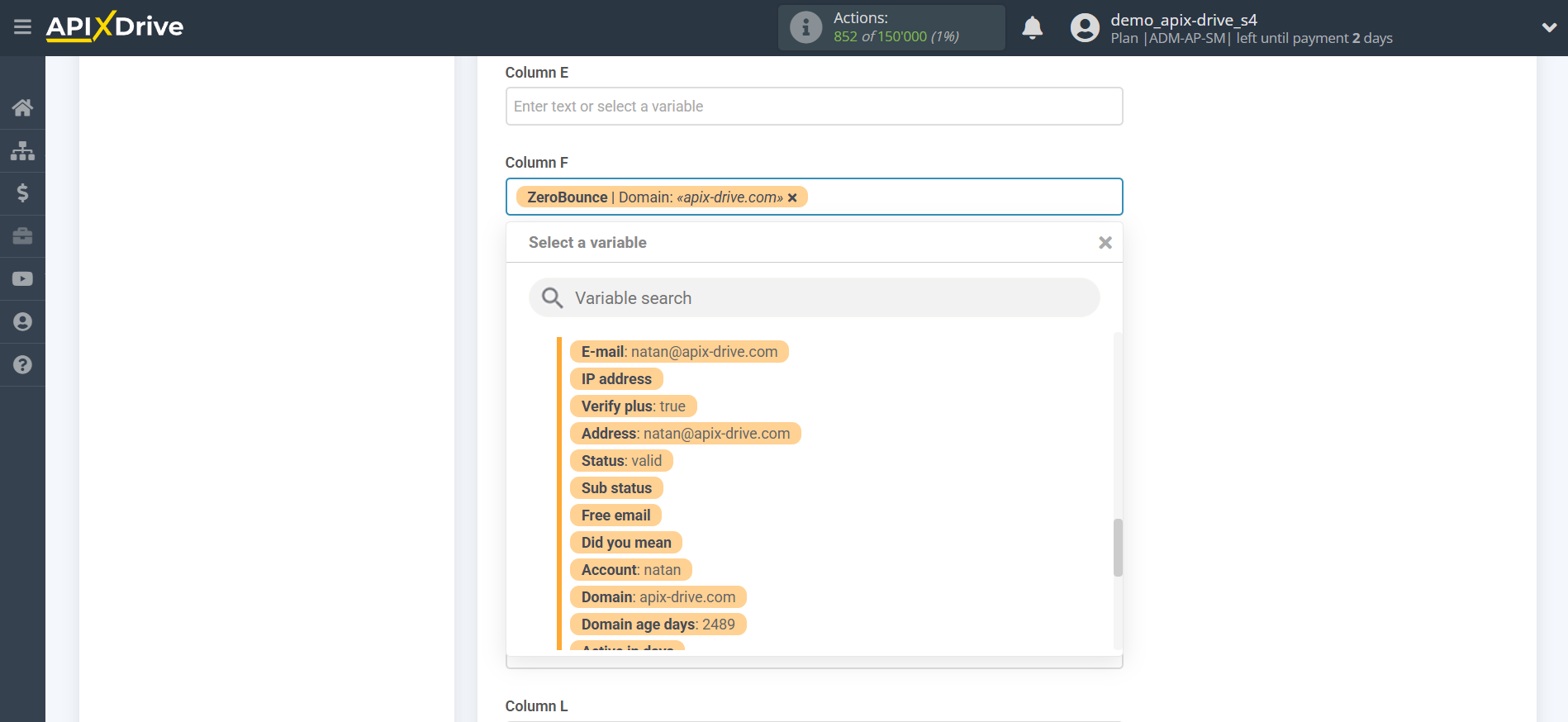 Setting up an ZeroBounce Item Search in Google Sheets | Assigning fields Setting up an ZeroBounce Item Search in Google Sheets | Assigning fields