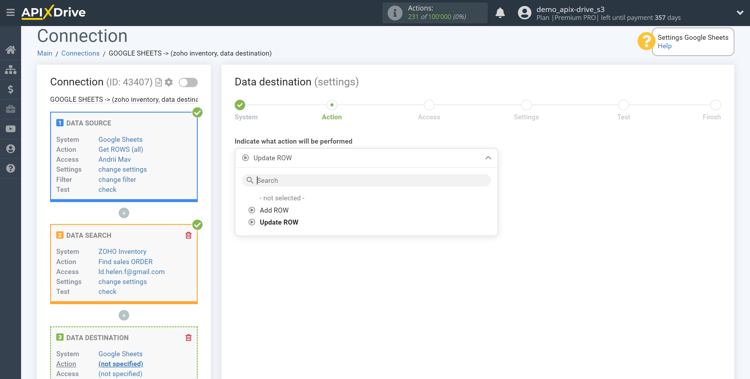 Setting up Zoho Inventory Sales Order Search in Google Sheets | Action selection