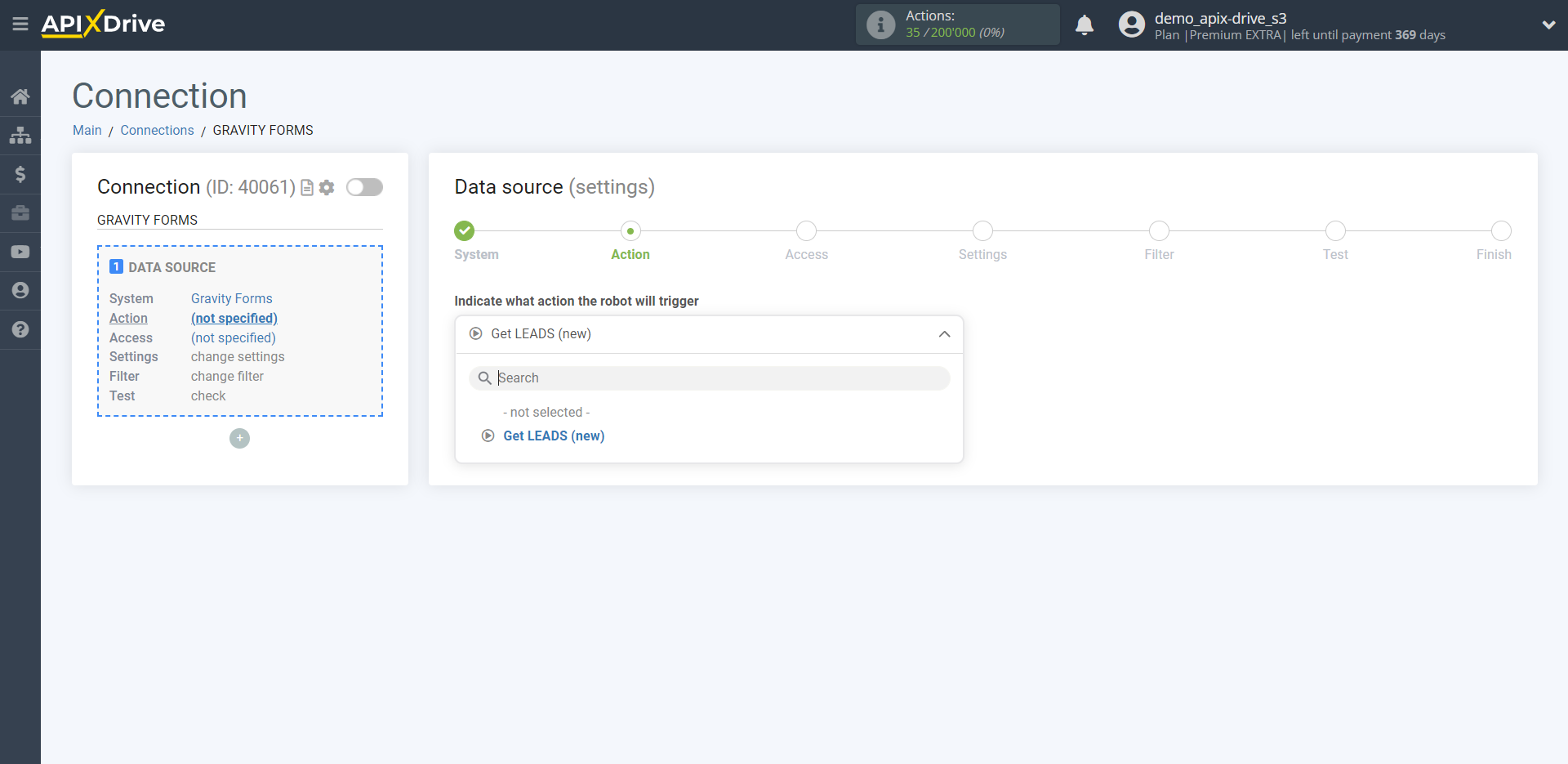 How to Connect Gravity Forms as Data Source | Action selection