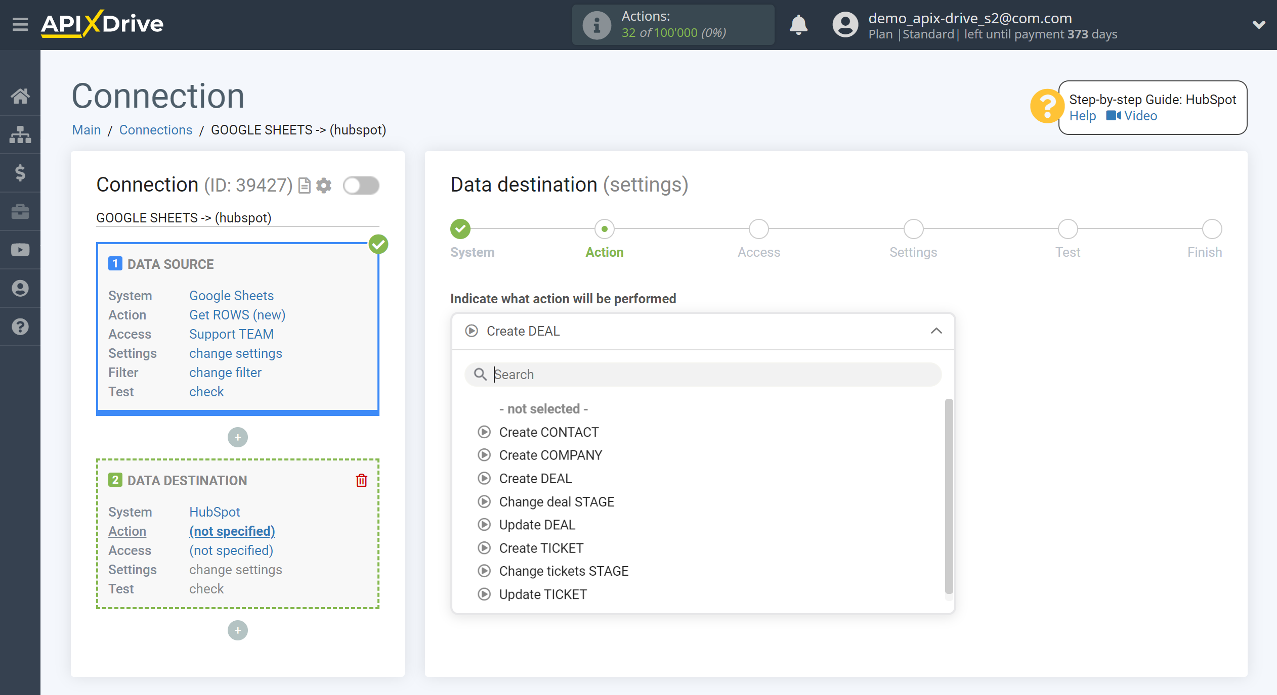 How to Connect HubSpot as Data Destination | Action selection