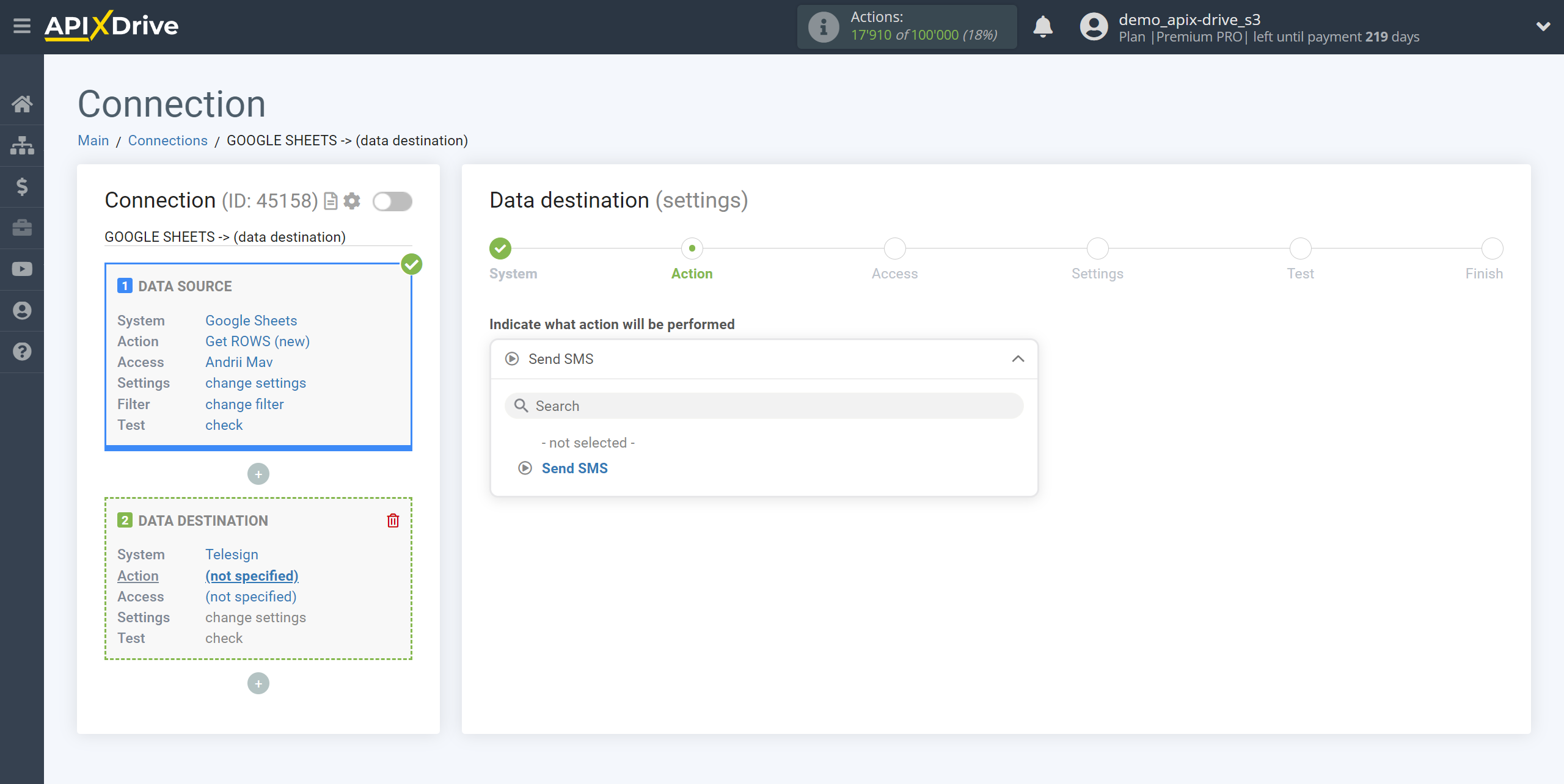 How to Connect Telesign as Data Destination | Action selection