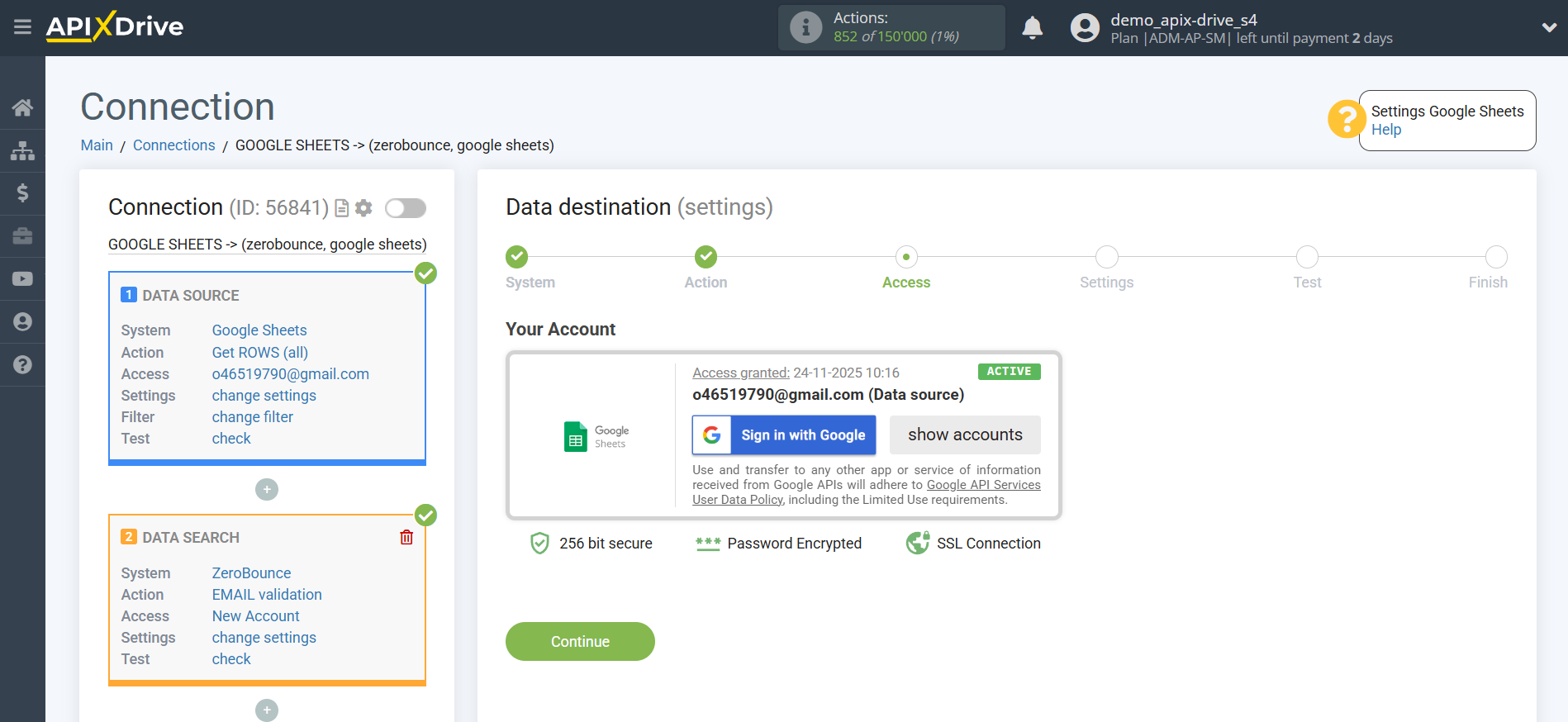 Setting up an ZeroBounce Item Search in Google Sheets | Account selection Setting up an ZeroBounce Item Search in Google Sheets | Account selection