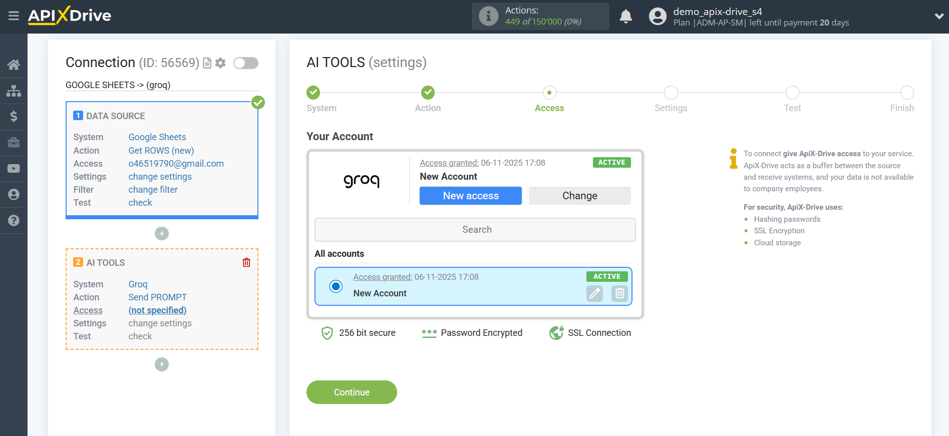 Setting up Groq in Google Sheets | Account selection