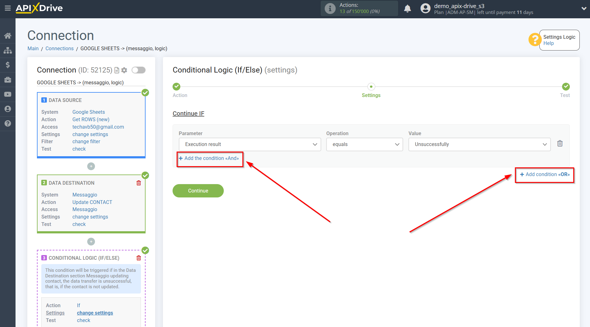 How to setup Messaggio Update Contact / Add Contact | Additional conditions "AND", "OR"