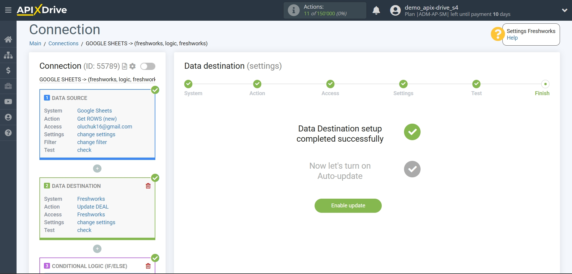 How to setup&nbsp;Freshworks Update Deal / Create Deal | Completing setup