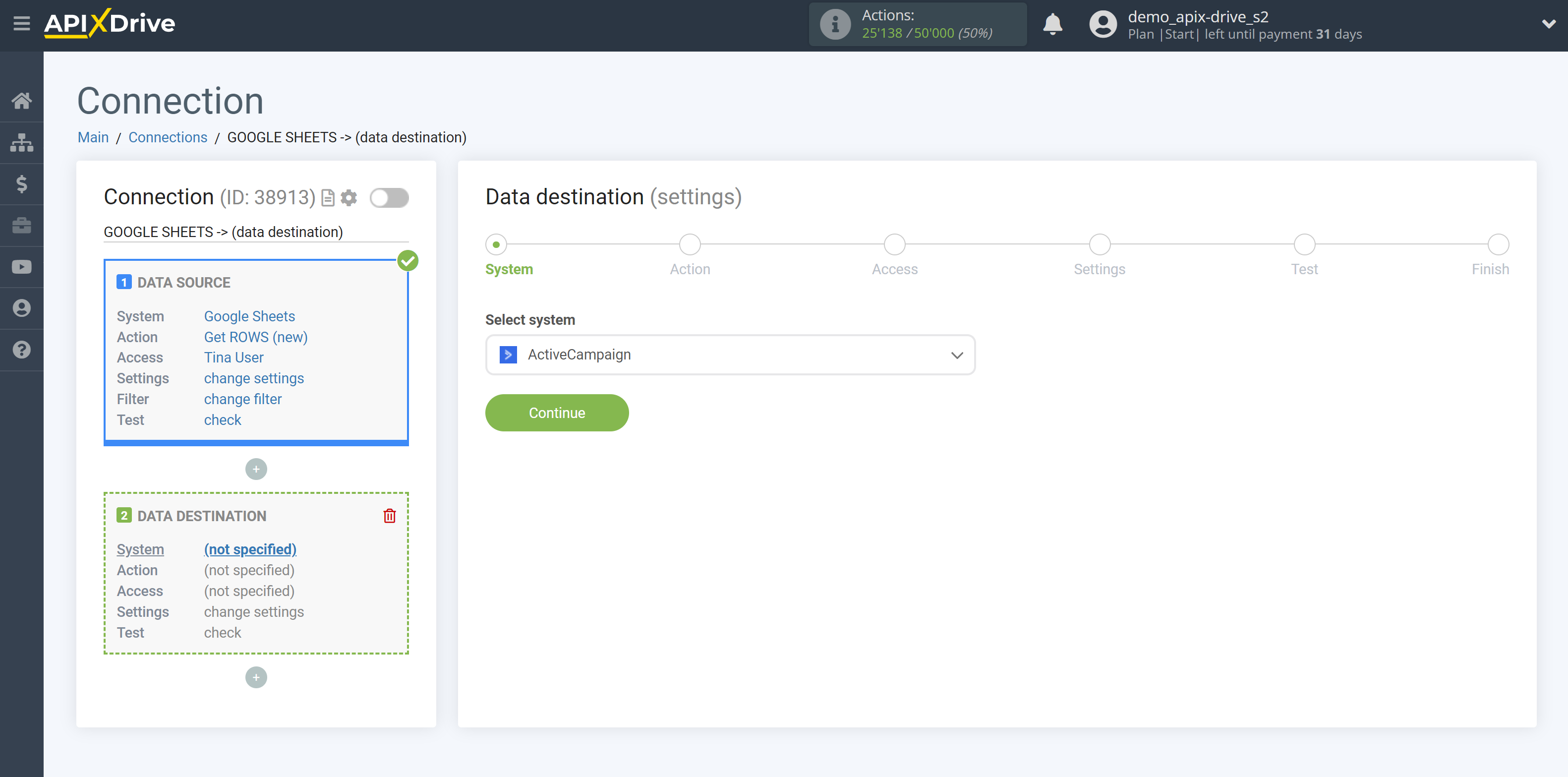 How to Connect ActiveCampaign as Data Destination | System selection