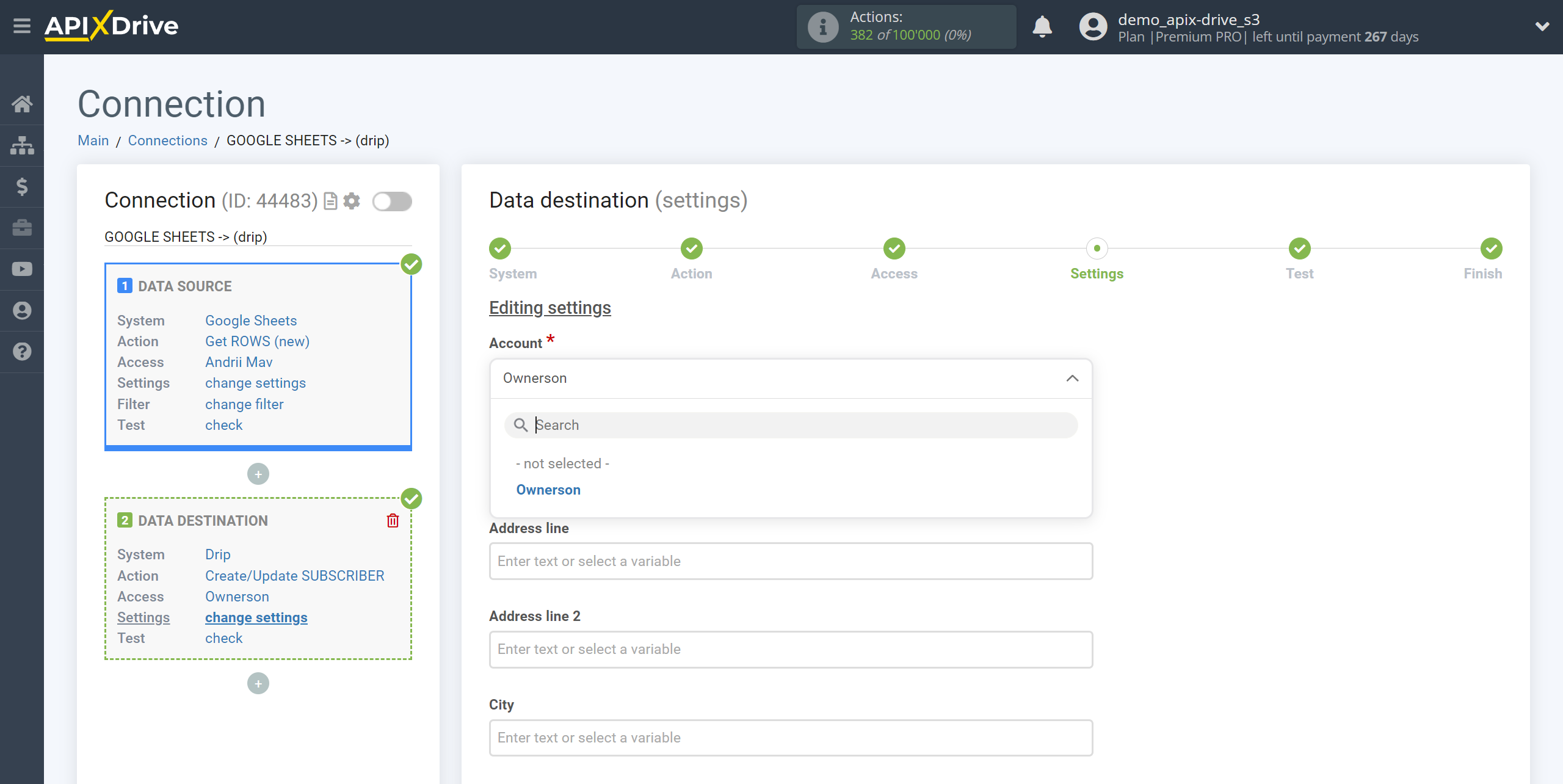 How to Connect Drip as Data Destination | Account selection