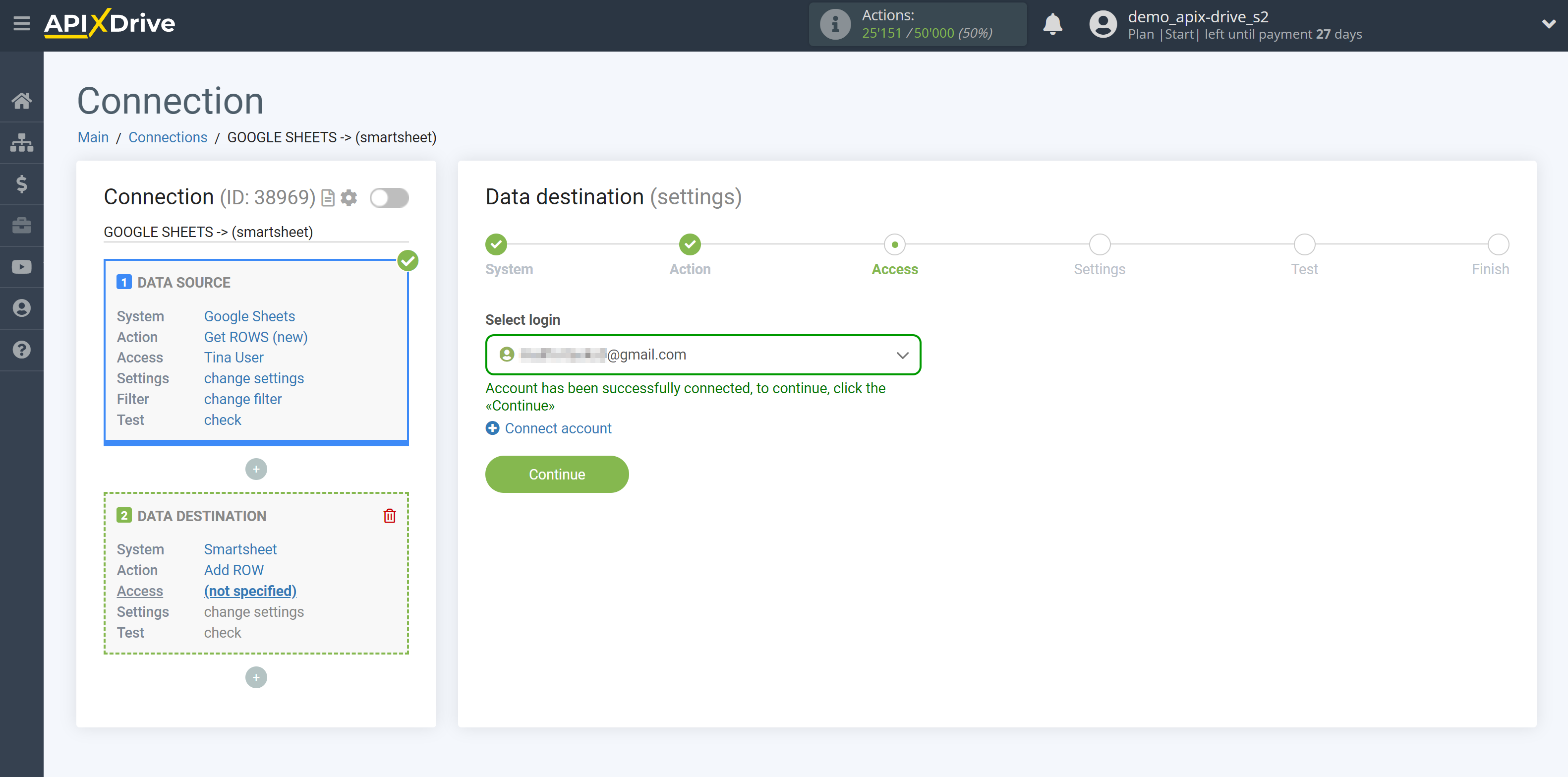 How to Connect Smartsheet as Data Destination | Account selection