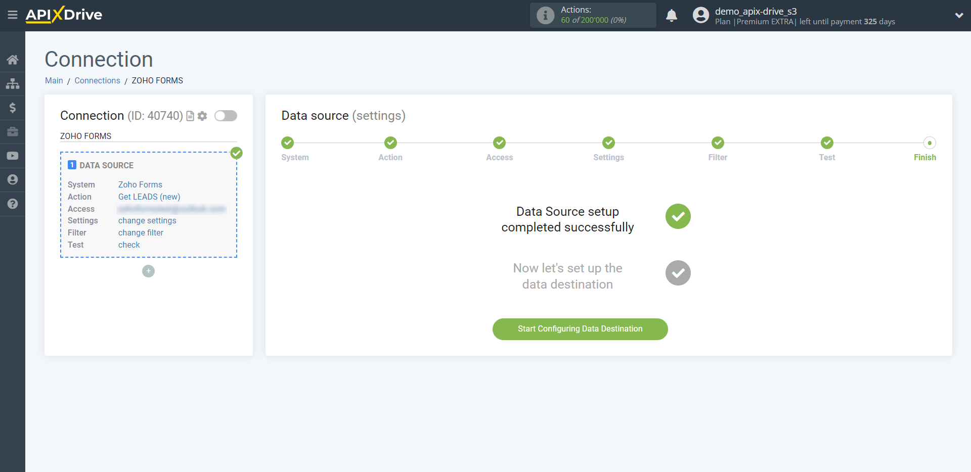 How to Connect Zoho Forms as Data Source | Go to the setup Data Destination