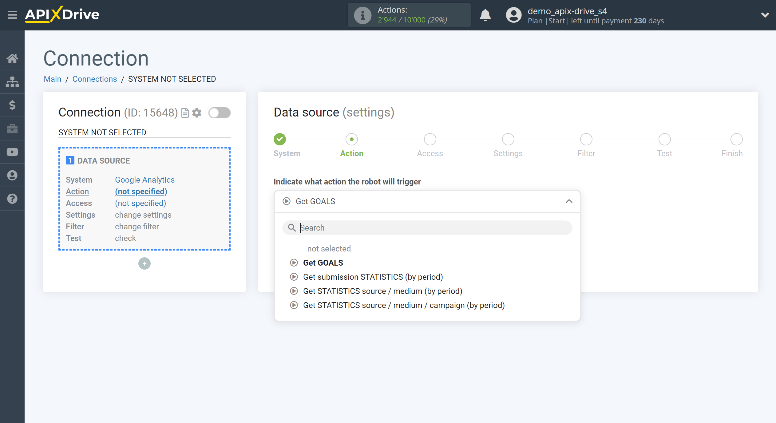 How to Connect Google Analytics as Data Source&nbsp;| Action selection