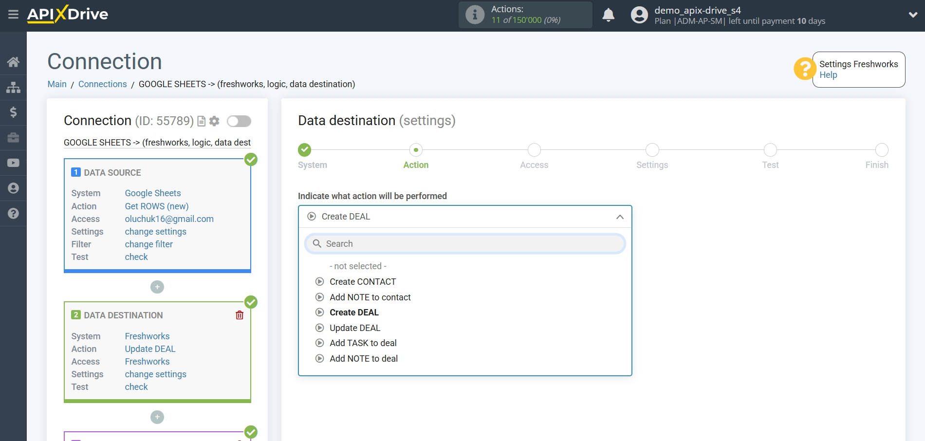 How to setup&nbsp;Freshworks Update Deal / Create Deal | Action selection