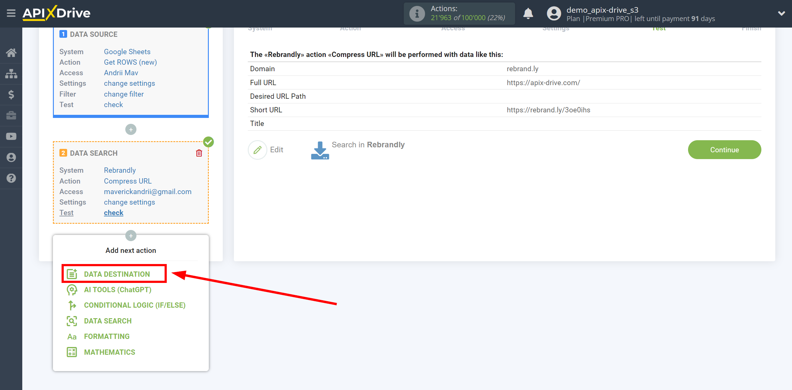 Setting up Rebrandly Data Search in Google Sheets | Setup Data Destination system