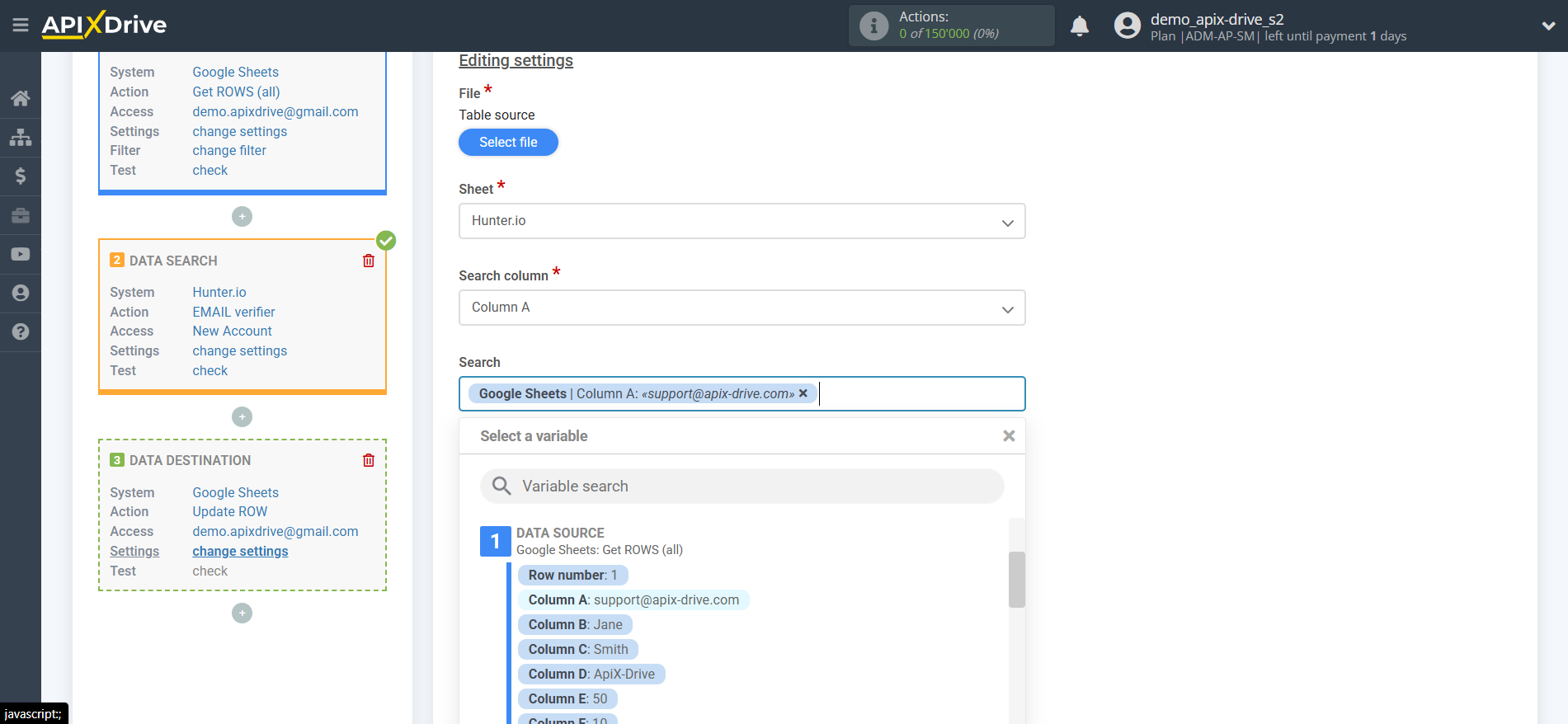 Setting Search to Verification EMAIL Hunter.io in Google Sheets | Assigning fields Setting Search to Verification EMAIL Hunter.io in Google Sheets | Assigning fields