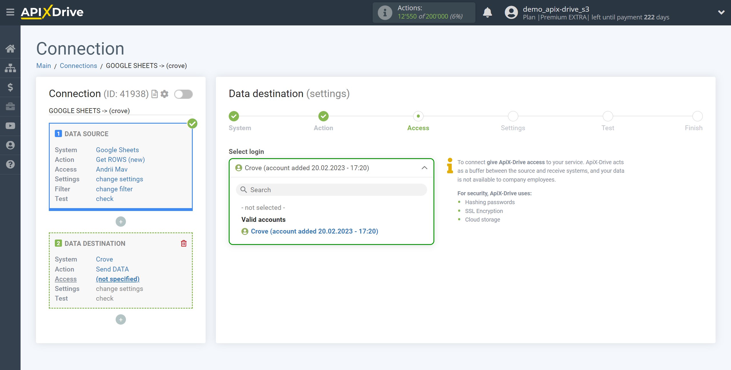 How to Connect Crove as Data Destination | Account selection