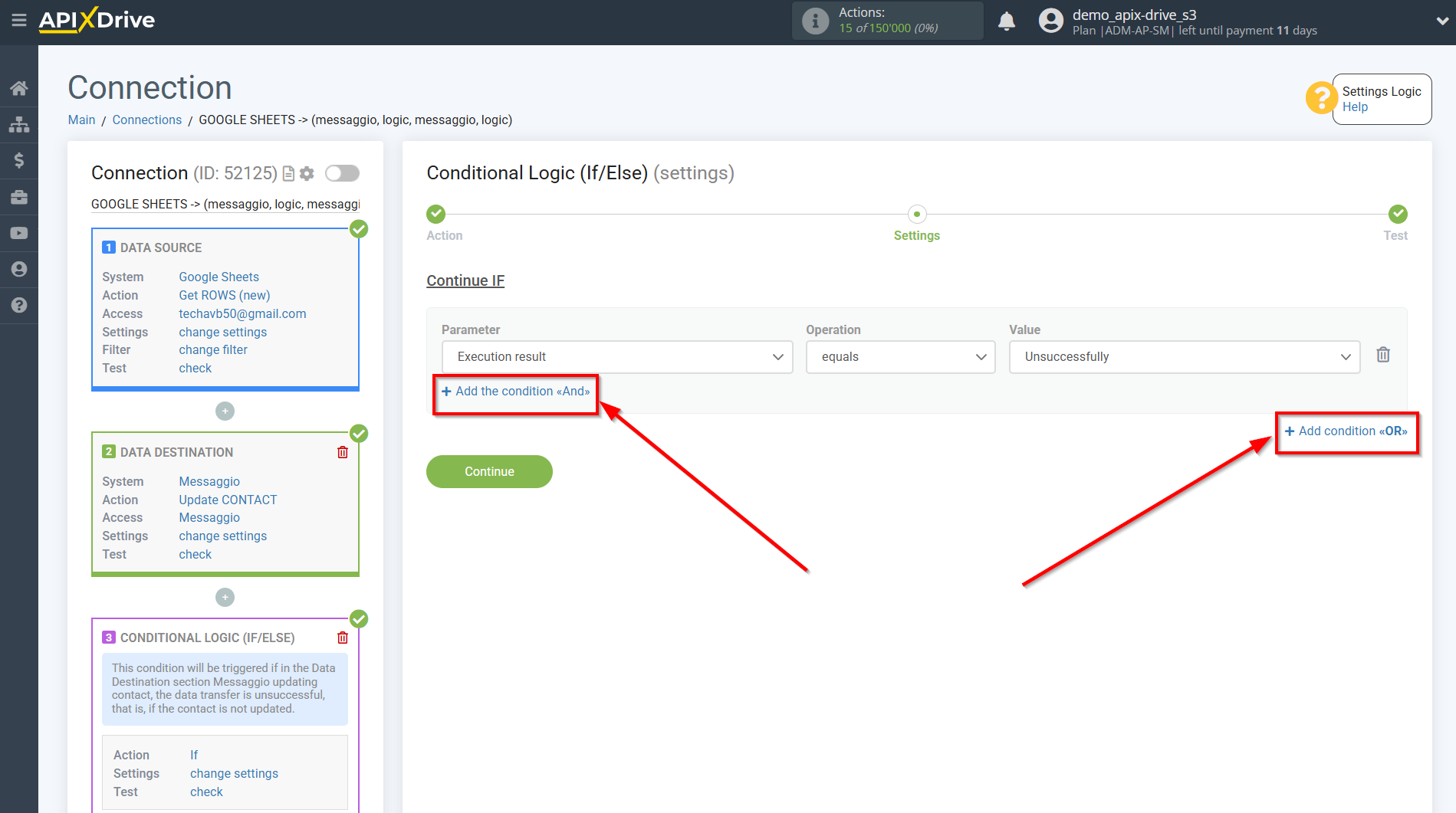 How to setup Messaggio Update Contact / Add Contact | Additional conditions "AND", "OR"