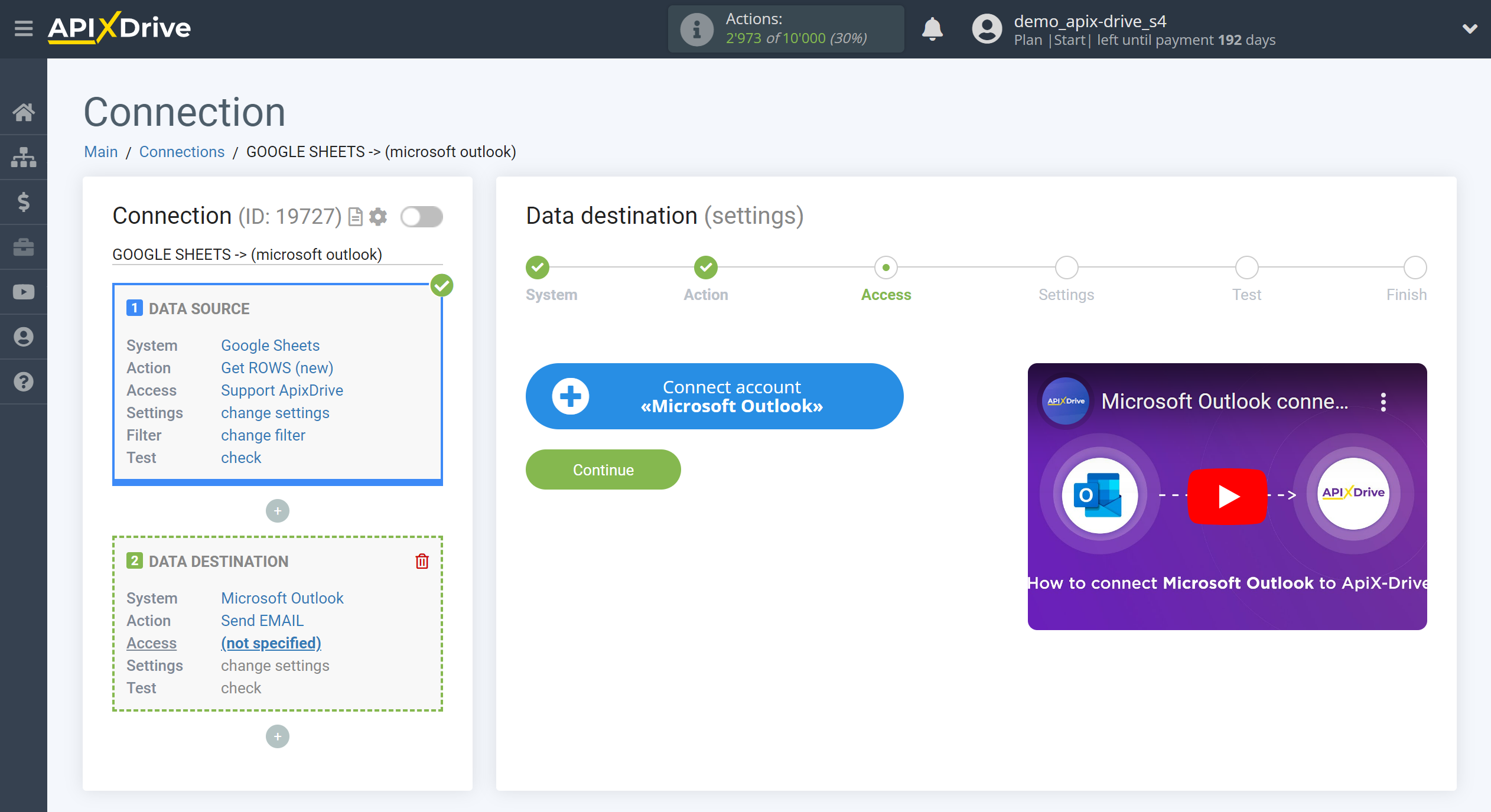 How to Connect Microsoft Outlook as Data Destination | Account connection