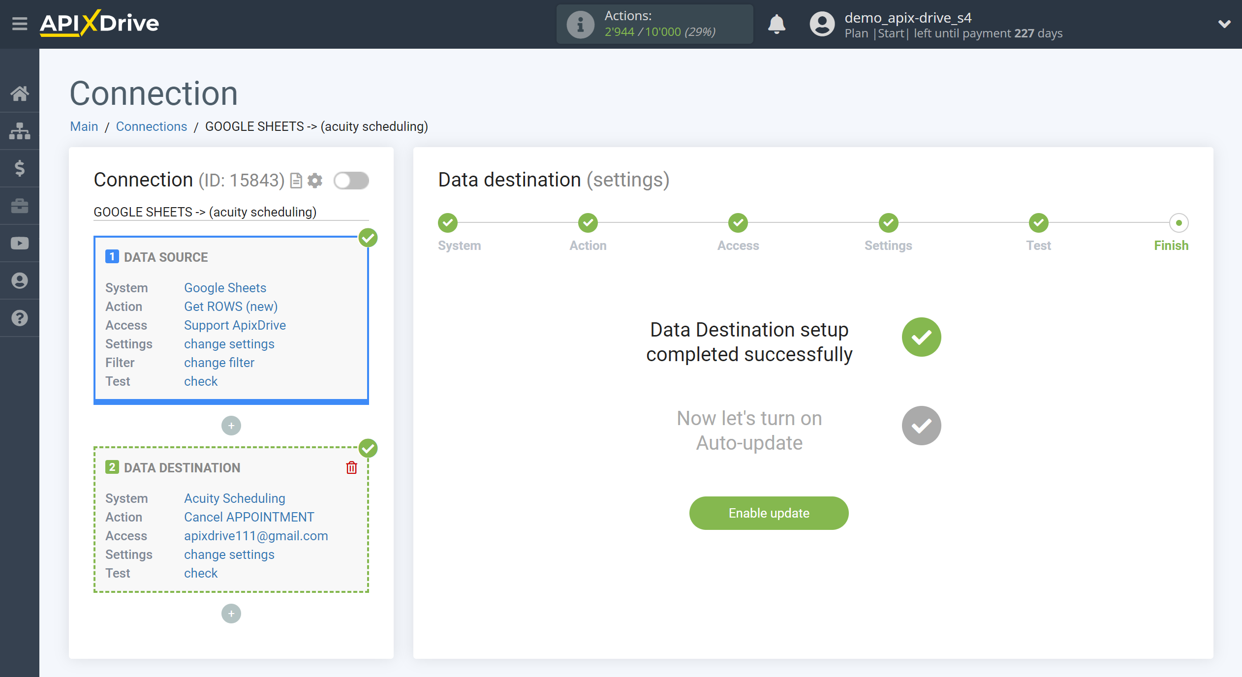 How to Connect Acuity Scheduling as Data Destination | Enable auto-update