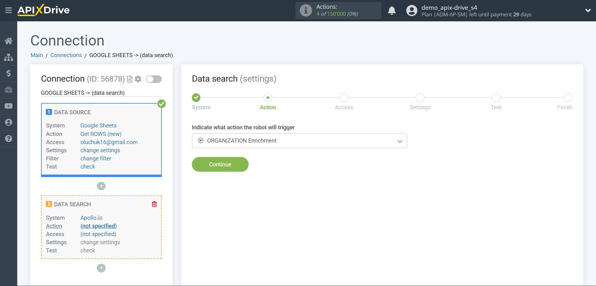 Setting Search to Verification Email Apollo.io in Google Sheets | Action selection Setting Search to Verification Email Apollo.io in Google Sheets | Action selection